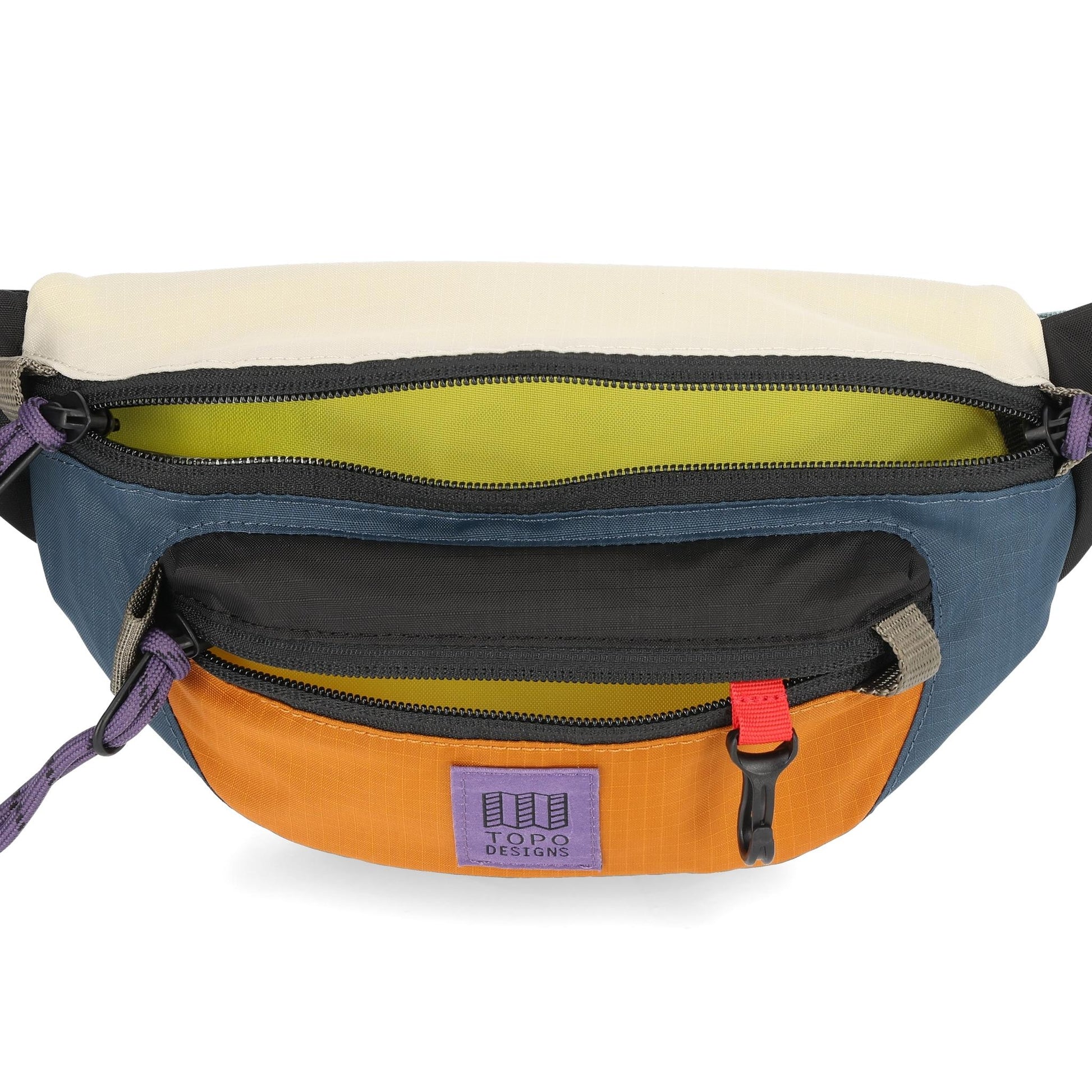 Detail shot of Topo Designs Mountain Waist Pack in "Pond Blue / Spice"