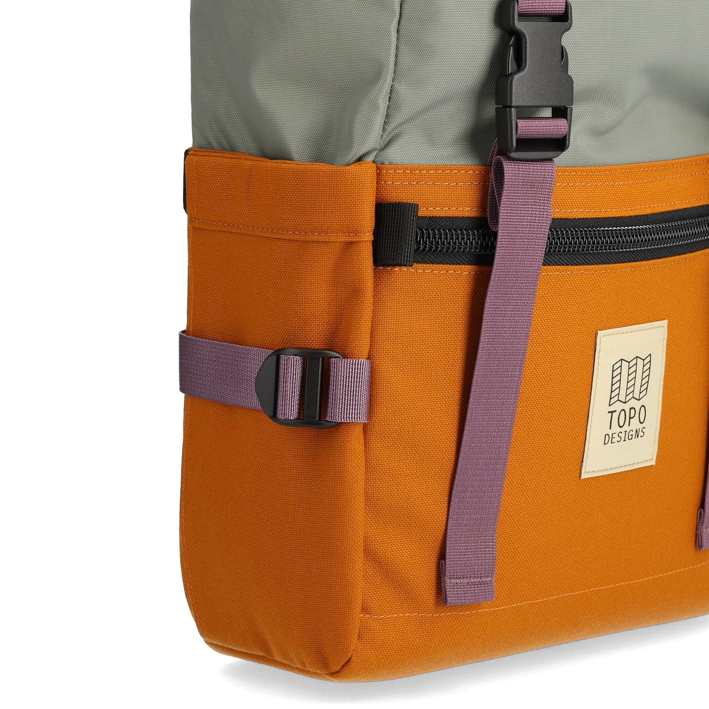 Detail shot of Topo Designs Rover Pack Classic in "Beetle / Spice"