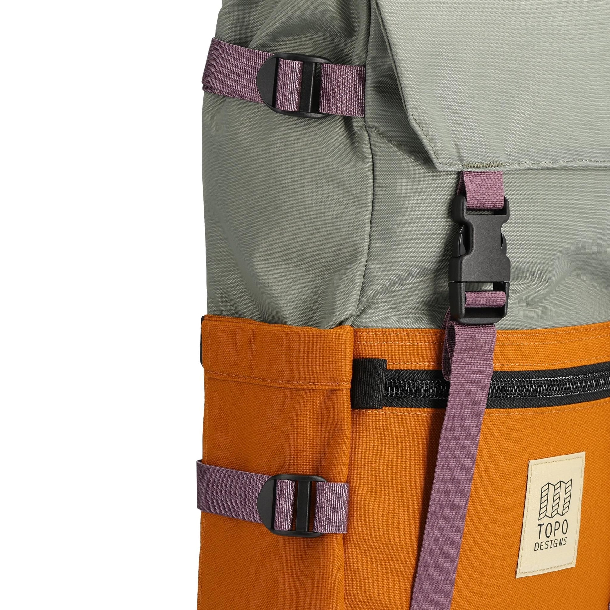 Detail shot of Topo Designs Rover Pack Classic in "Beetle / Spice"