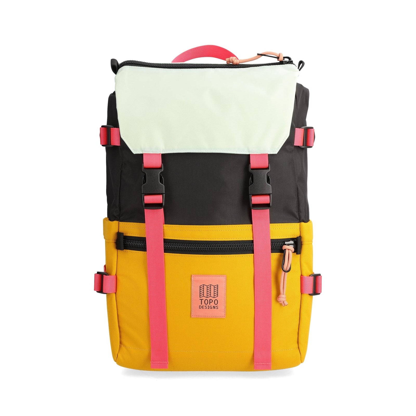 Front View of Topo Designs Rover Pack Classic in "Black / Mustard"