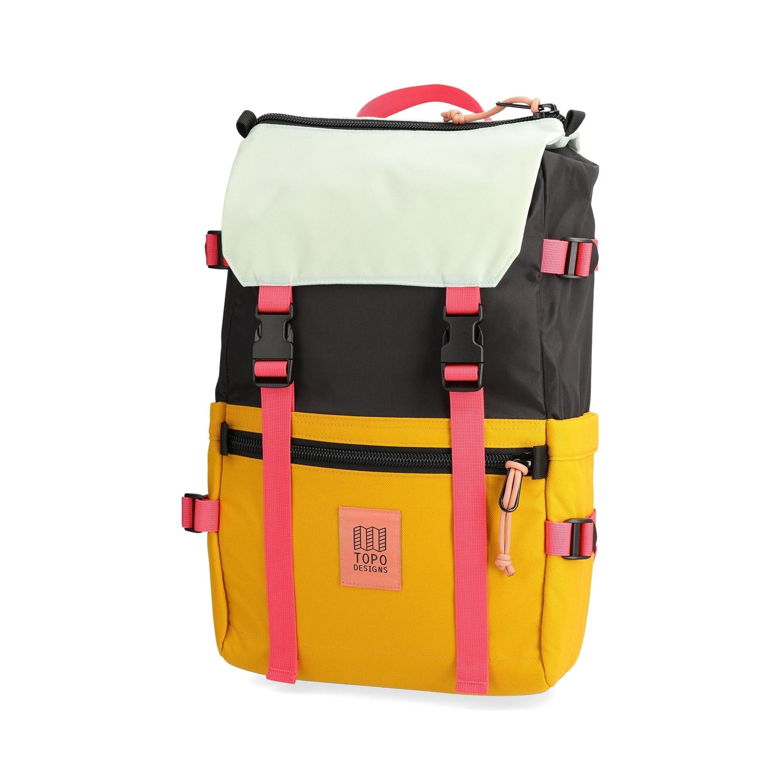 Front View of Topo Designs Rover Pack Classic in "Black / Mustard"