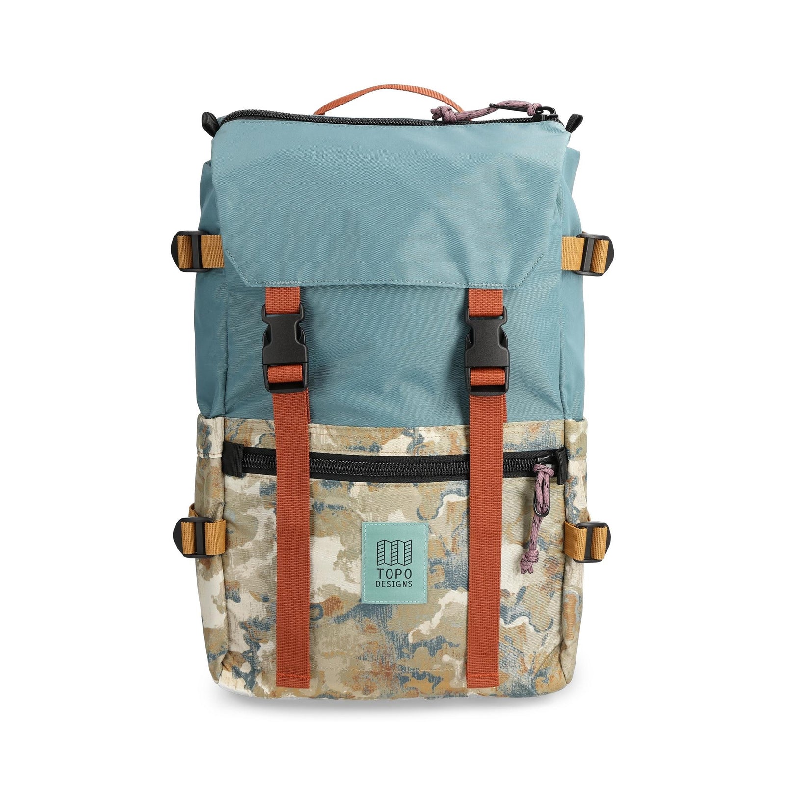 Front View of Topo Designs Rover Pack Classic in "Sea Pine / Blur Camo"