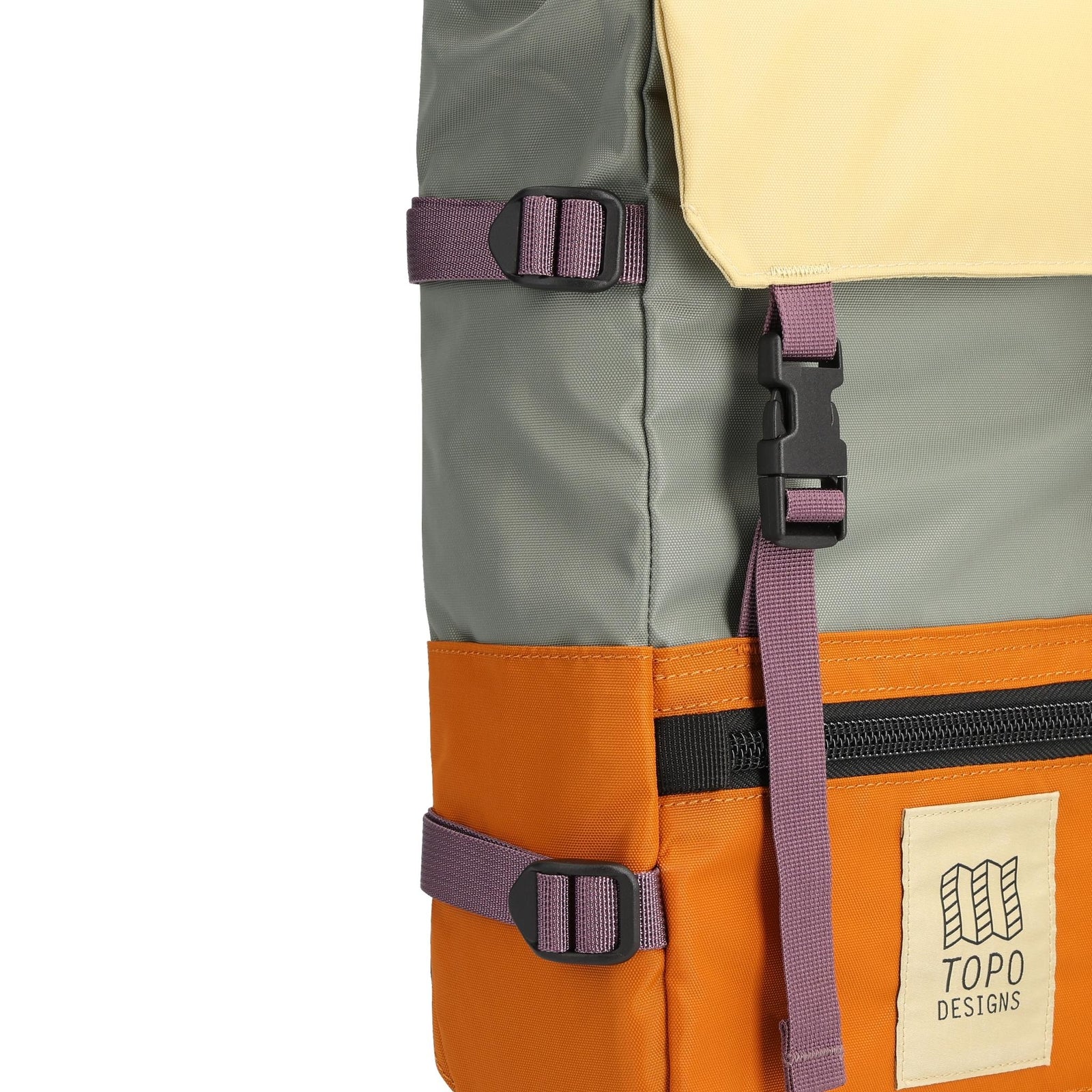 Detail shot of Topo Designs Rover Pack Mini in "Beetle / Spice"