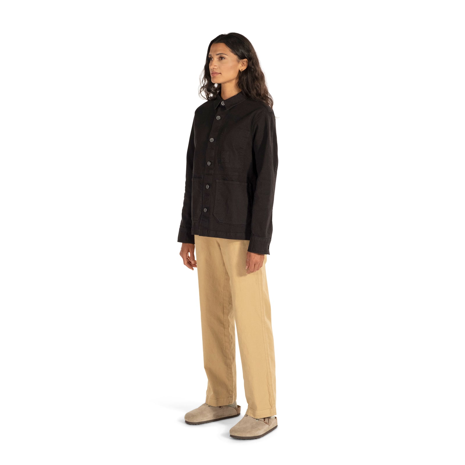 General side model shot of Topo Designs Dirt Utility Jacket - Women's  in "Black"