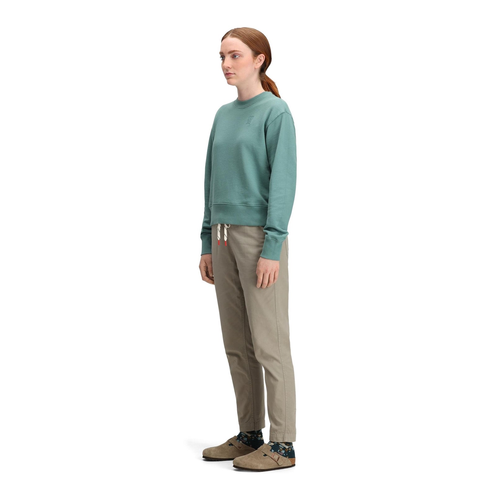 General side model shot of Topo Designs Dirt Pants Slim - Women's in "Dried Sage"