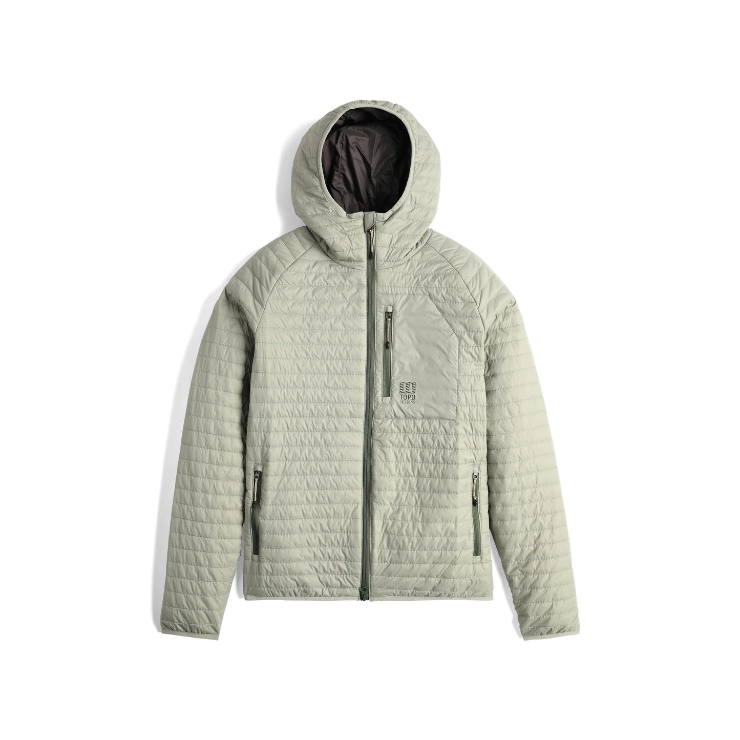 Front View of Topo Designs Global Puffer Hoodie - Women's in "Dried Sage"