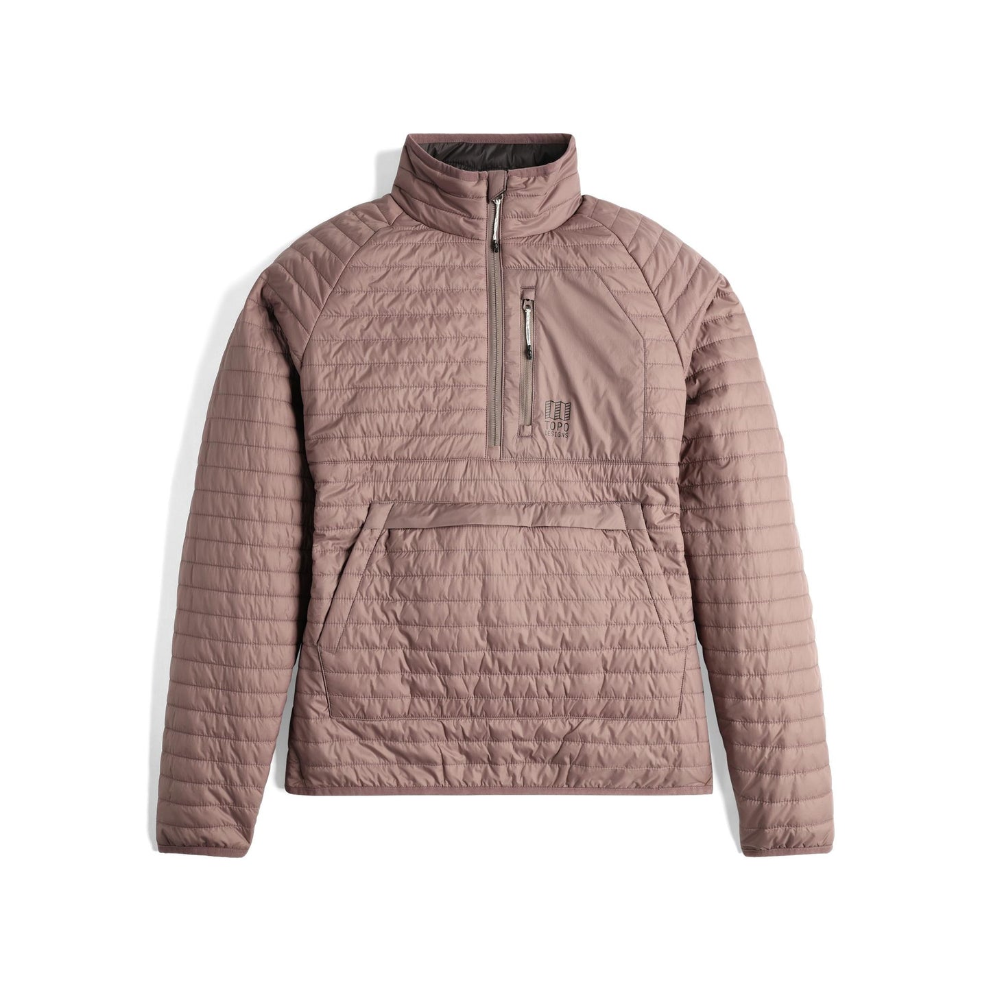 Front View of Topo Designs Global Puffer Pullover - Women's  in "Peppercorn"