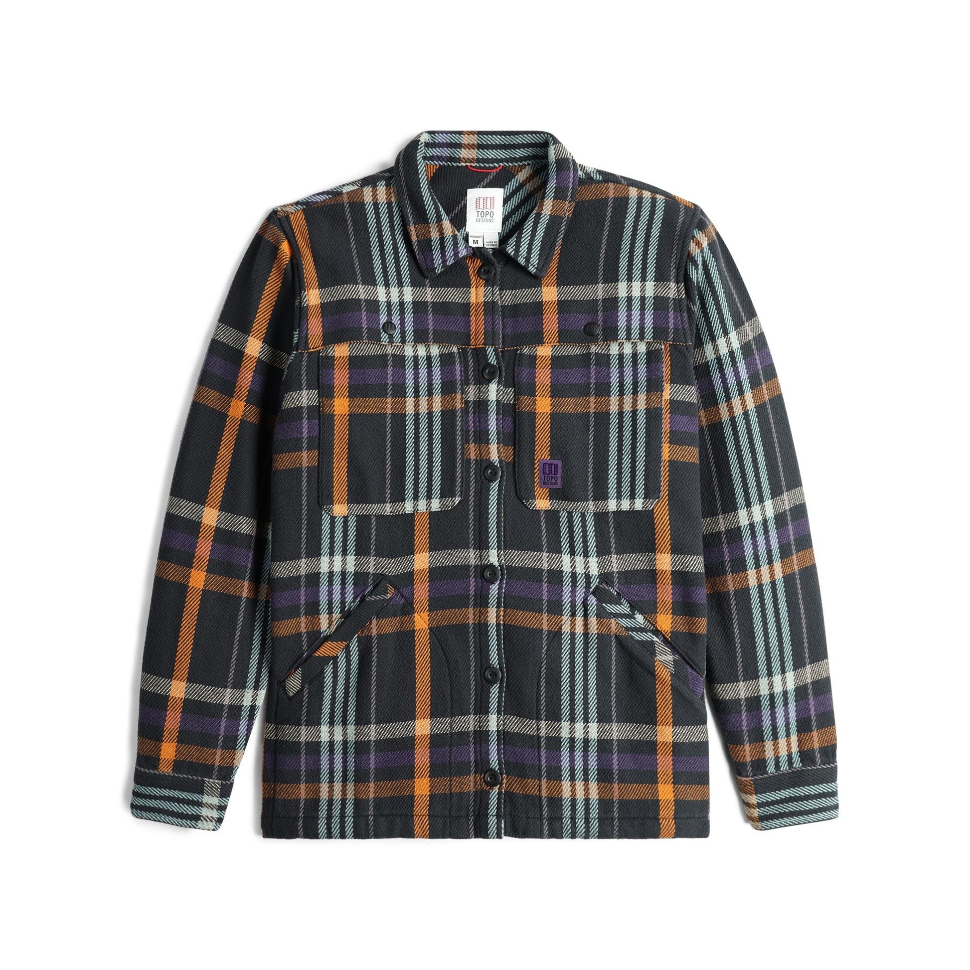 Front View of Topo Designs Mountain Shirt Jacket - Women's in "Black Multi Plaid"