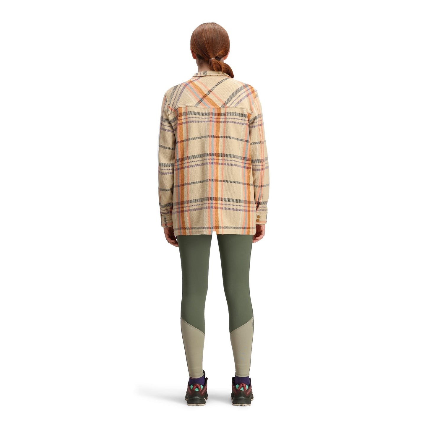 General back model shot of Topo Designs Mountain Shirt Jacket - Women's in "Sahara Multi Plaid"