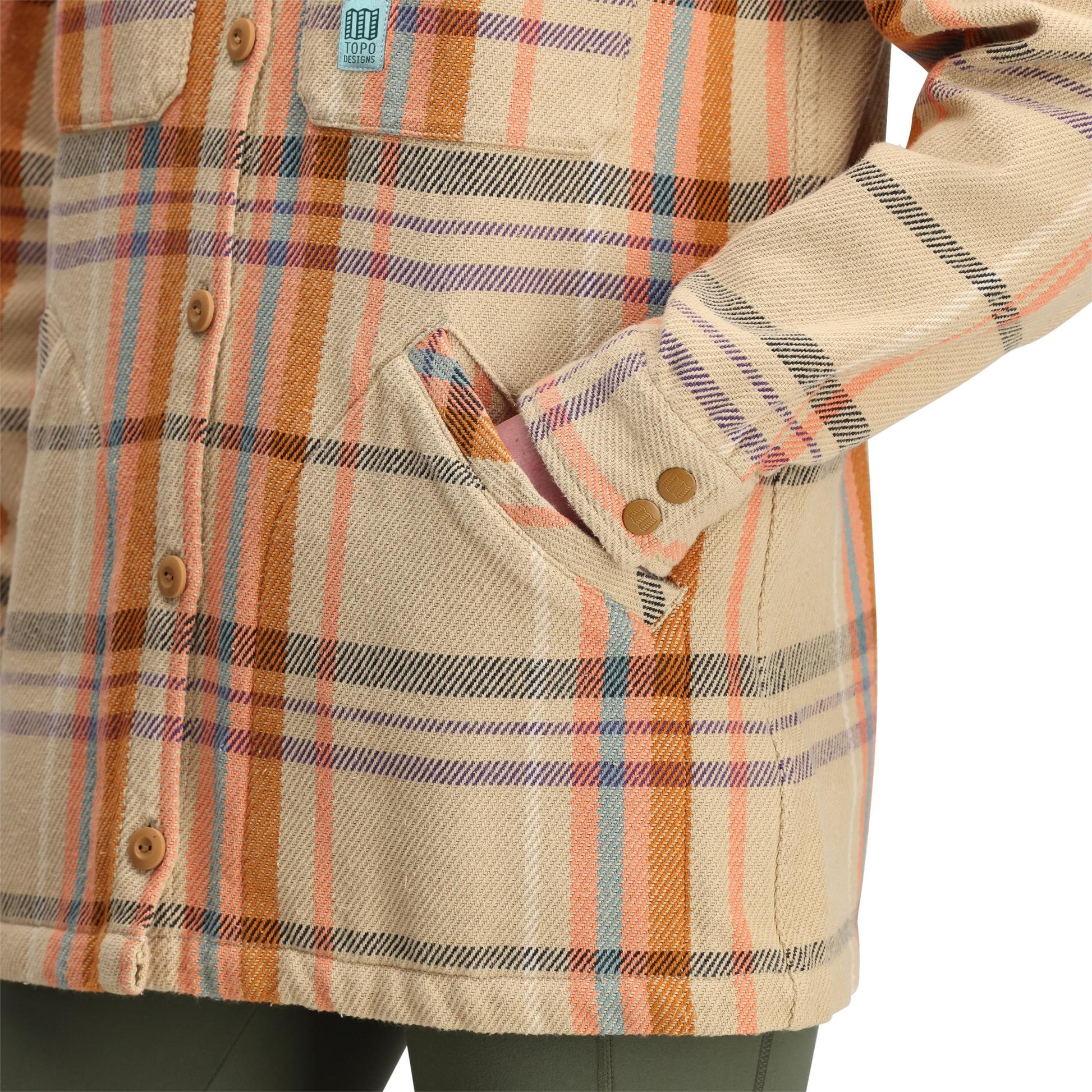 General Detail shot of Topo Designs Mountain Shirt Jacket - Women's in "Sahara Multi Plaid"