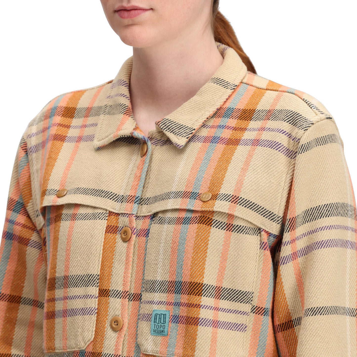 General Detail shot of Topo Designs Mountain Shirt Jacket - Women's in "Sahara Multi Plaid"