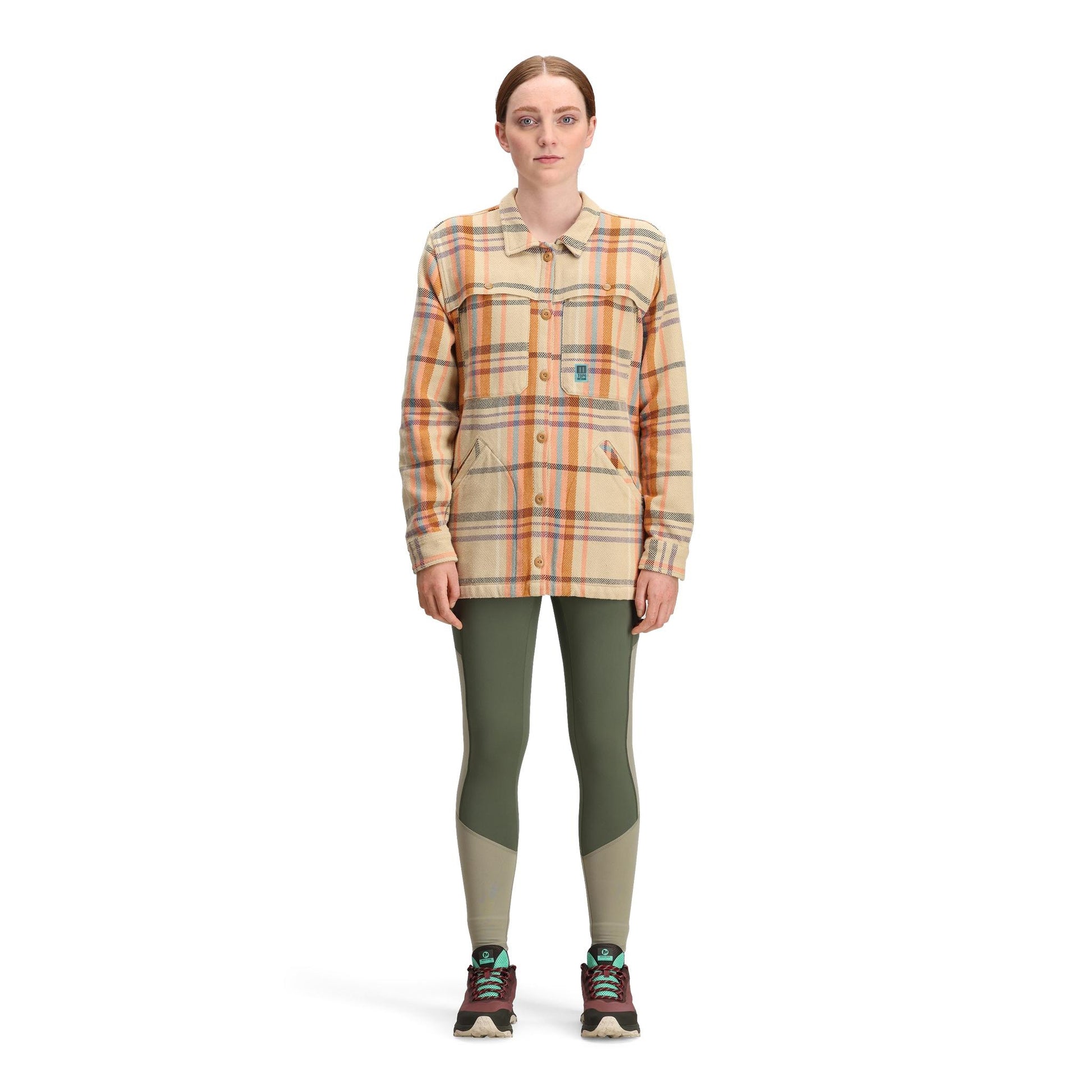 General front model shot of Topo Designs Mountain Shirt Jacket - Women's in "Sahara Multi Plaid"