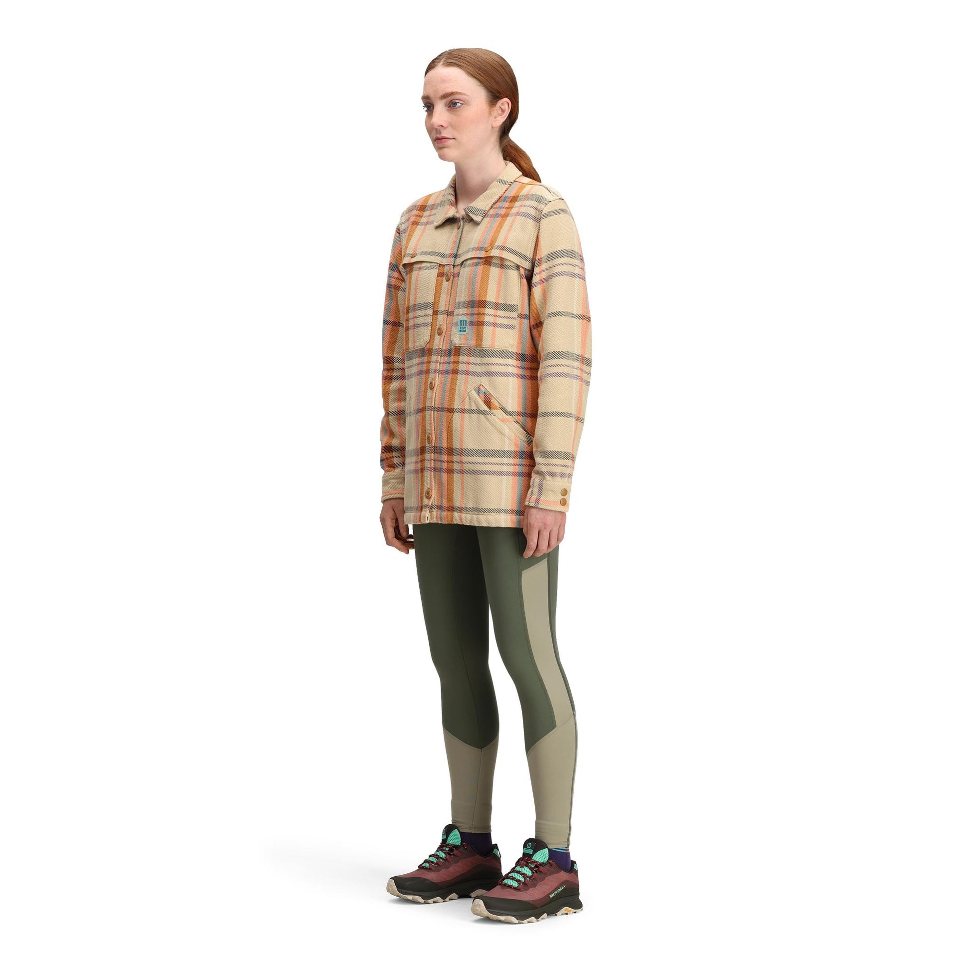 General side model shot of Topo Designs Mountain Shirt Jacket - Women's in "Sahara Multi Plaid"