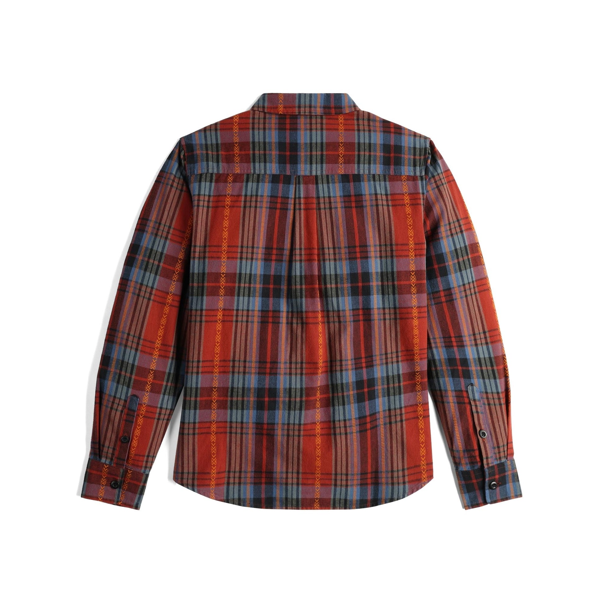 Back View of Topo Designs Mountain Shirt Long Sleeve - Women's in "Fire Brick Multi Plaid"