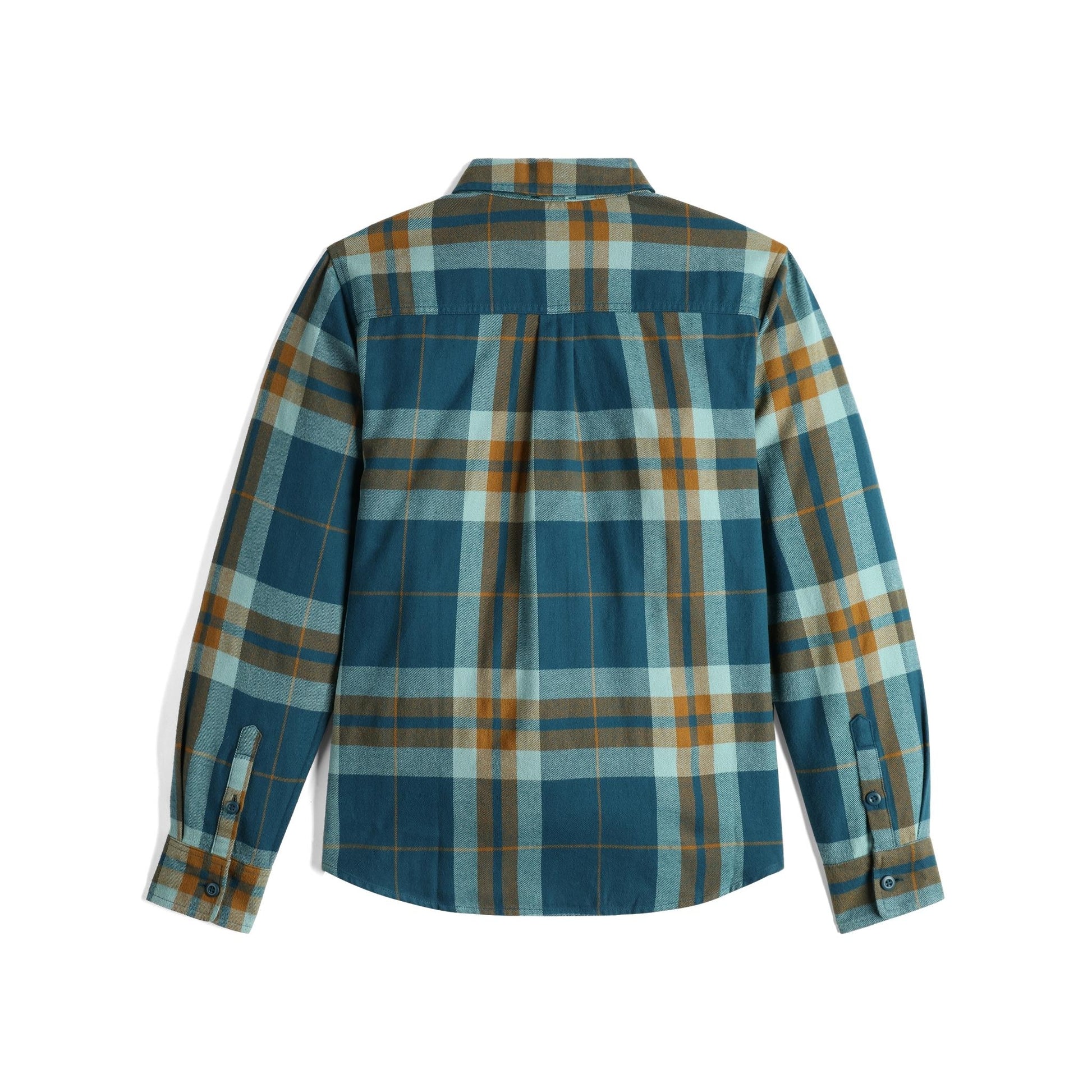 Back View of Topo Designs Mountain Shirt Long Sleeve - Women's in "Pond Blue / Khaki Multi Plaid"