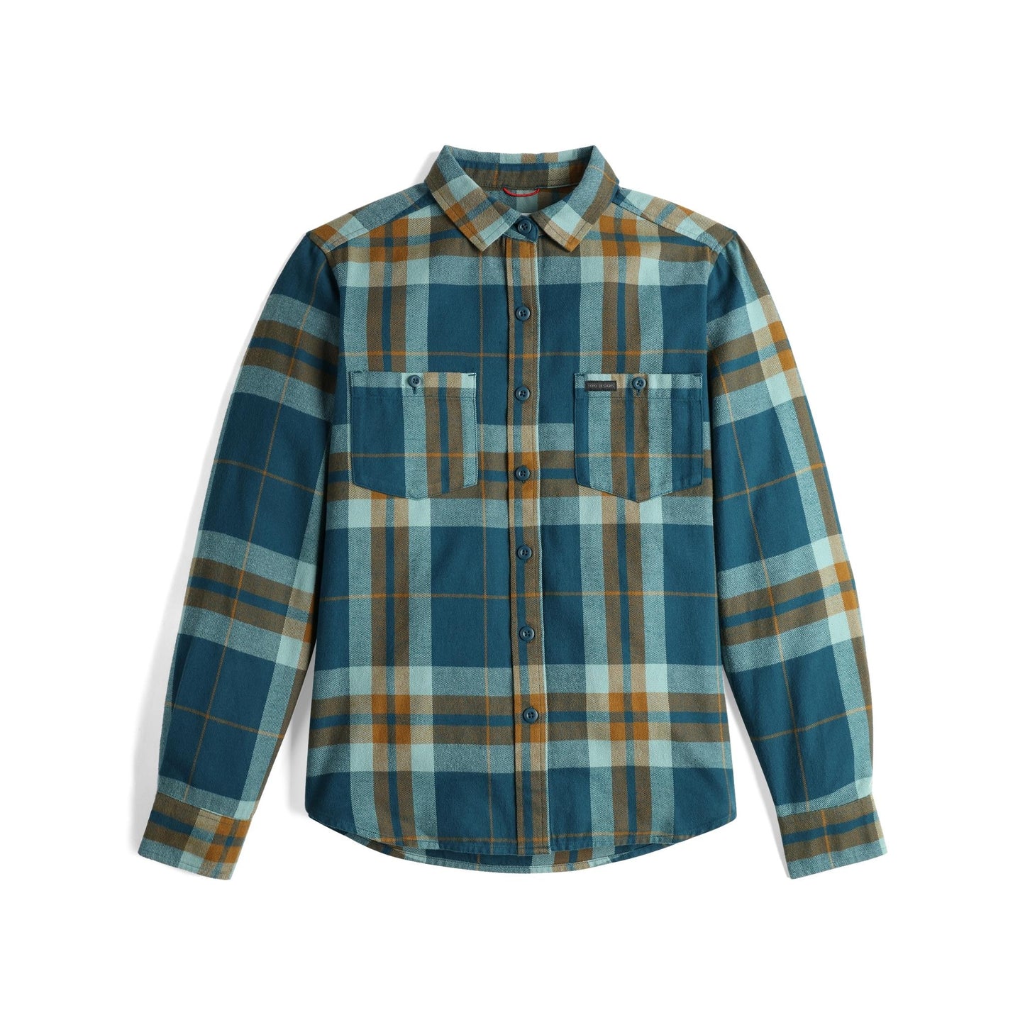 Front View of Topo Designs Mountain Shirt Long Sleeve - Women's in "Pond Blue / Khaki Multi Plaid"