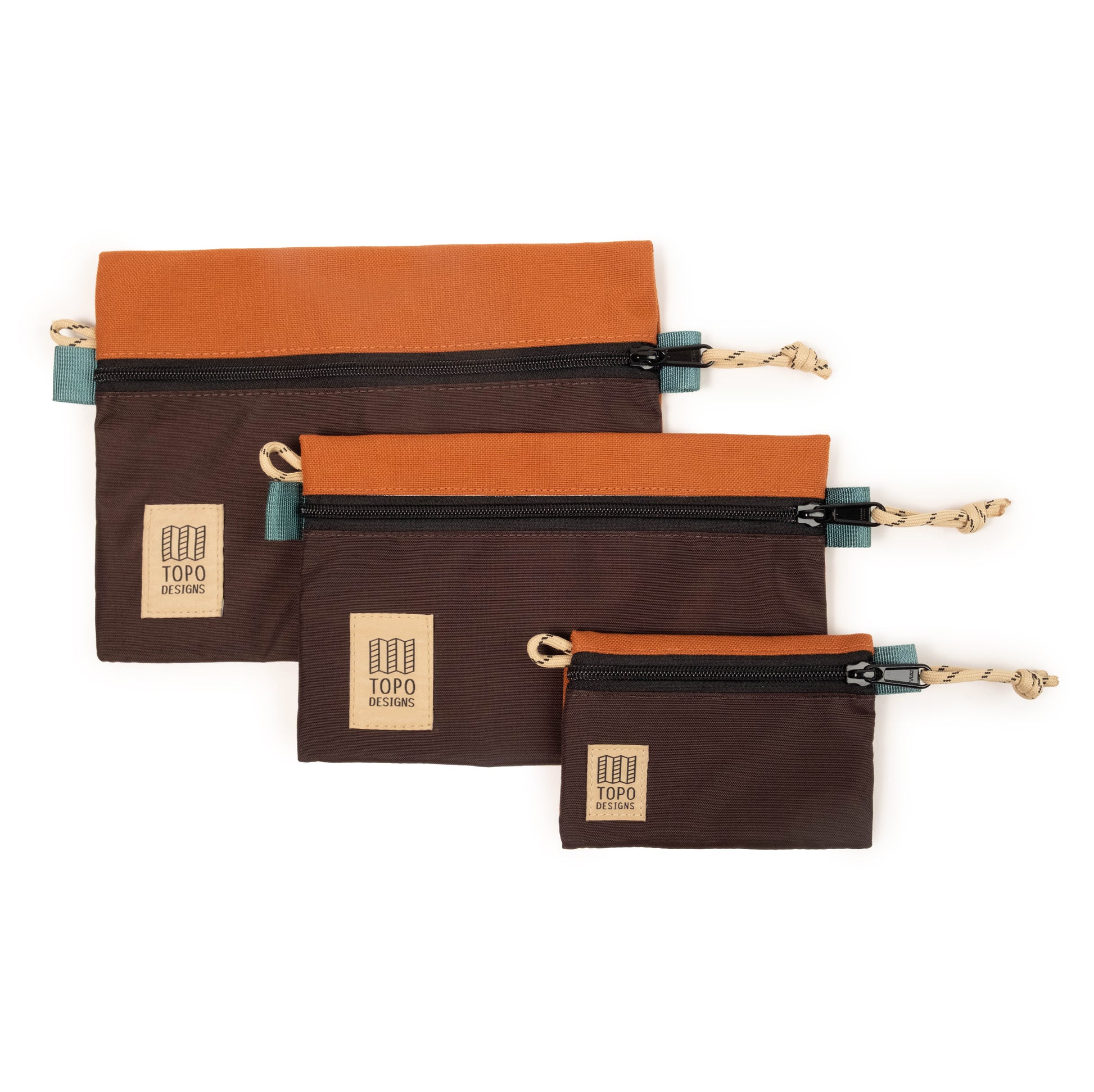 Topo Designs Accessory Bags - product shot of the "Medium", "Small", and "Micro" accessory bags in "Clay / Chocolate"