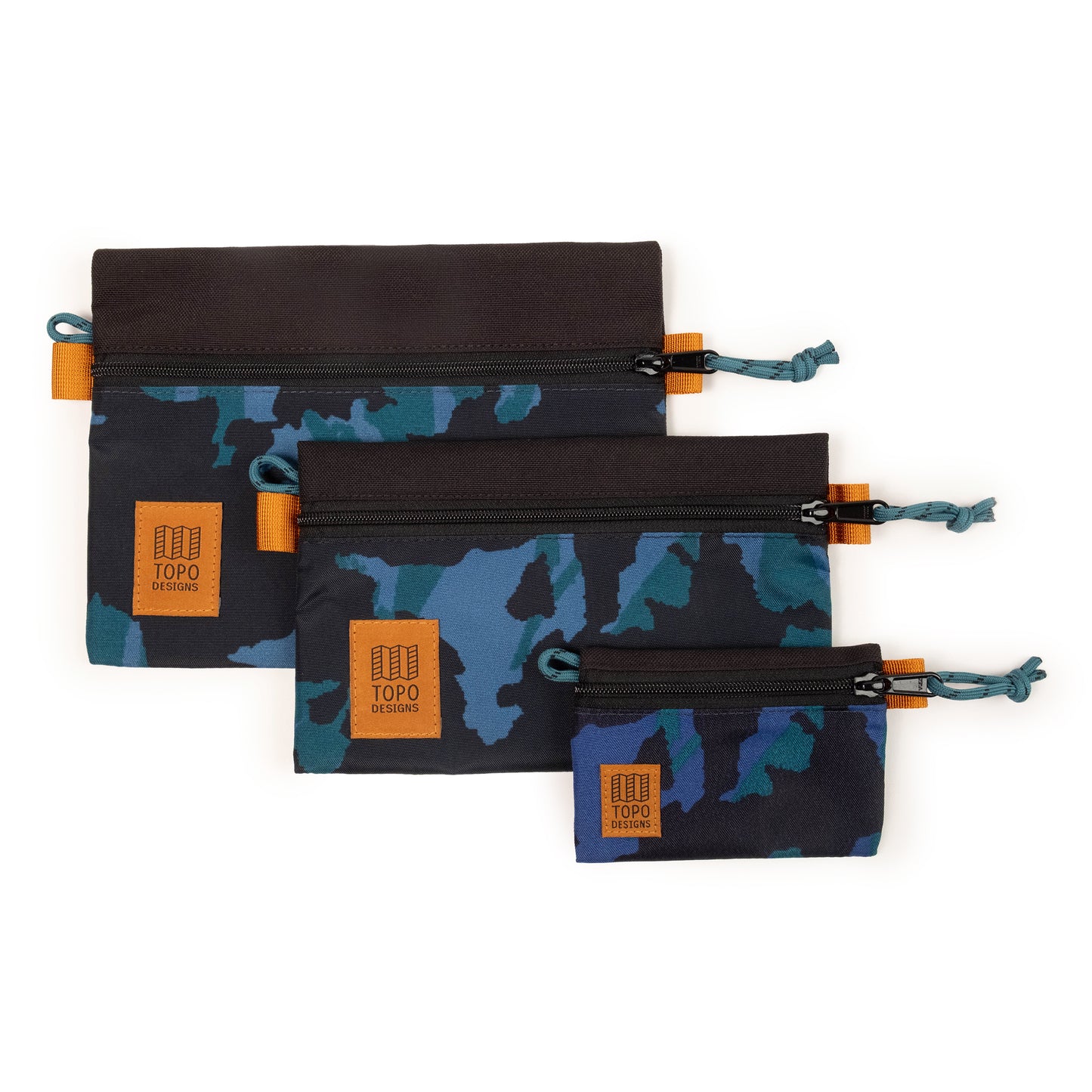 Topo Designs Accessory Bags - product shot of the "Medium", "Small", and "Micro" accessory bags in "Black / Tectonic"