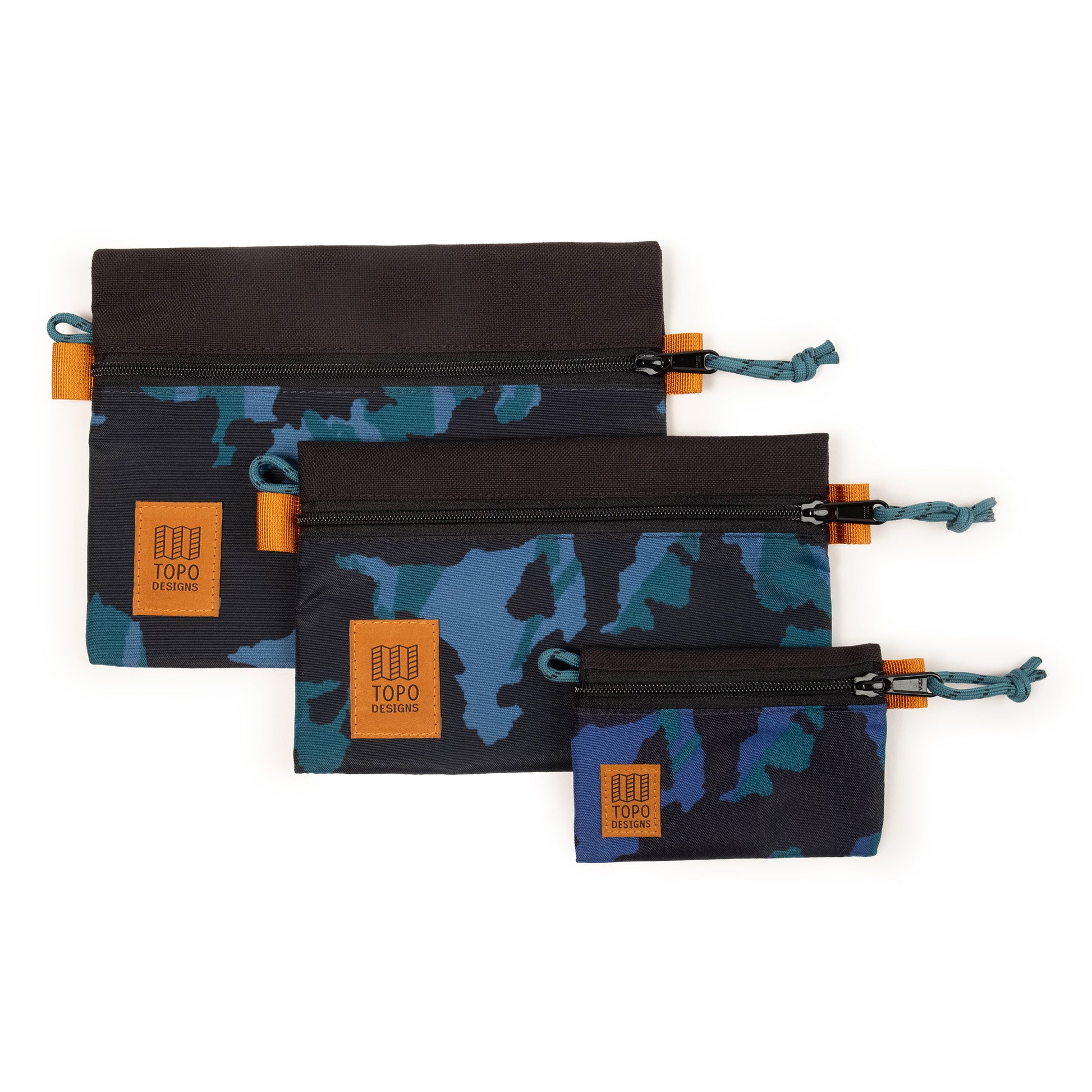 Topo Designs Accessory Bags - product shot of the "Medium", "Small", and "Micro" accessory bags in "Black / Tectonic"