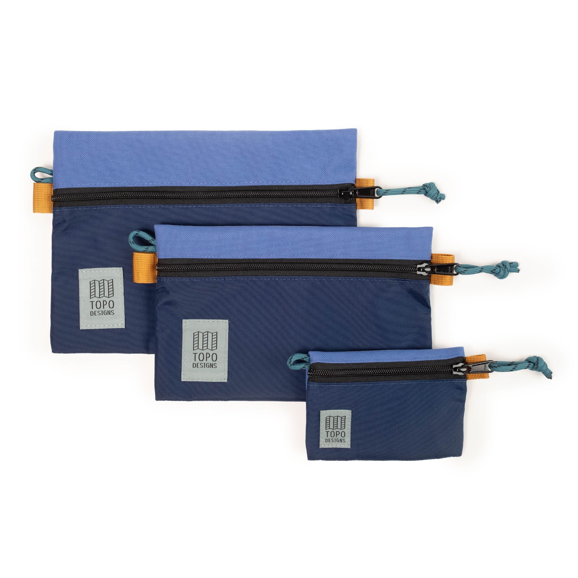 Topo Designs Accessory Bags - product shot of the "Medium", "Small", and "Micro" accessory bags in "Cobalt / Midnight"