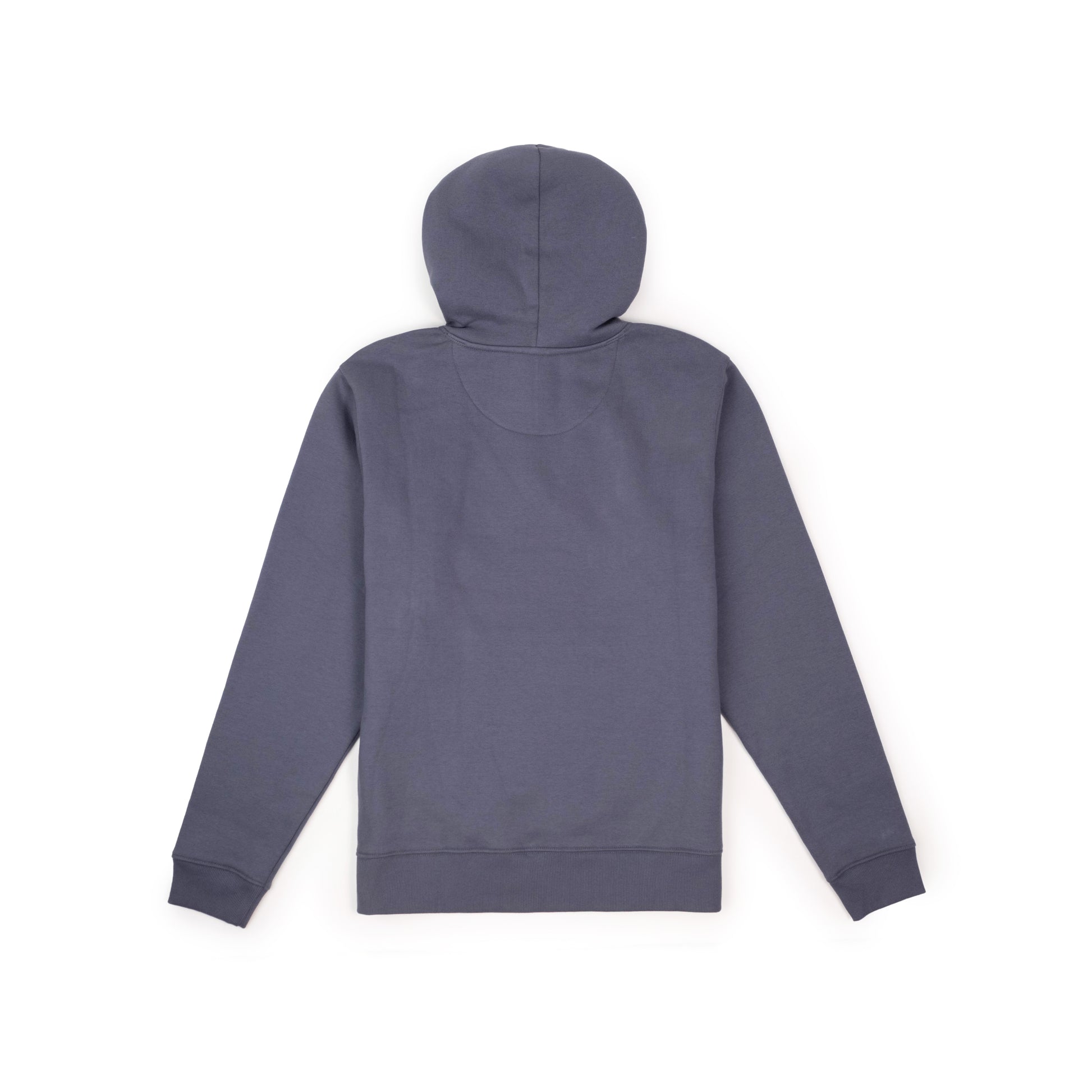 Back View of Topo Designs Alpine High Label Hoodie in "Stone Blue"