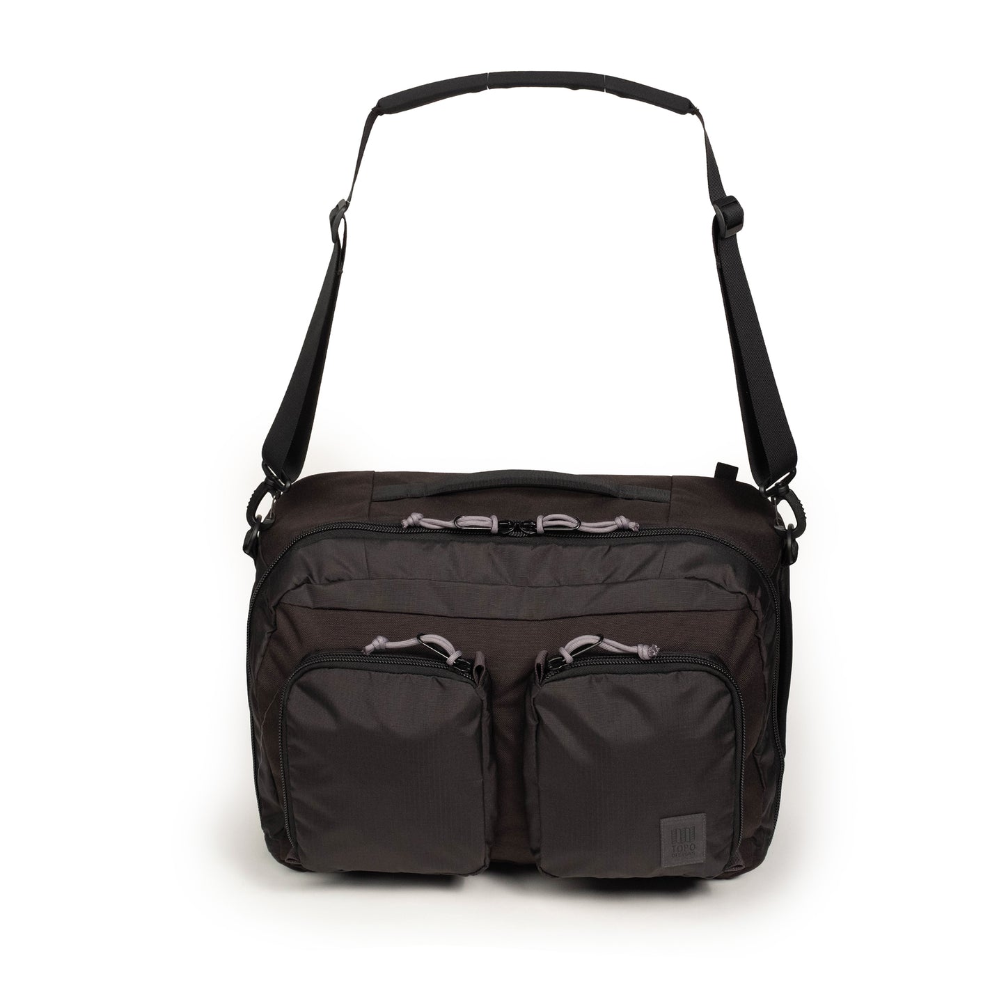 Front view of Global Travel Duffel in "Black" with shoulder strap.