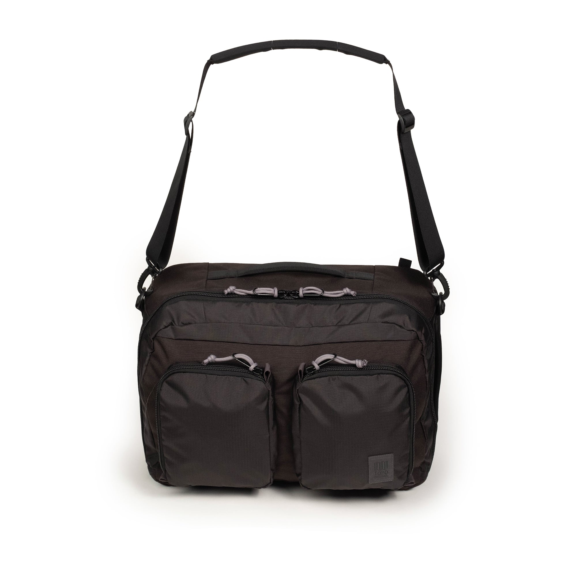 Front view of Global Travel Duffel in "Black" with shoulder strap.