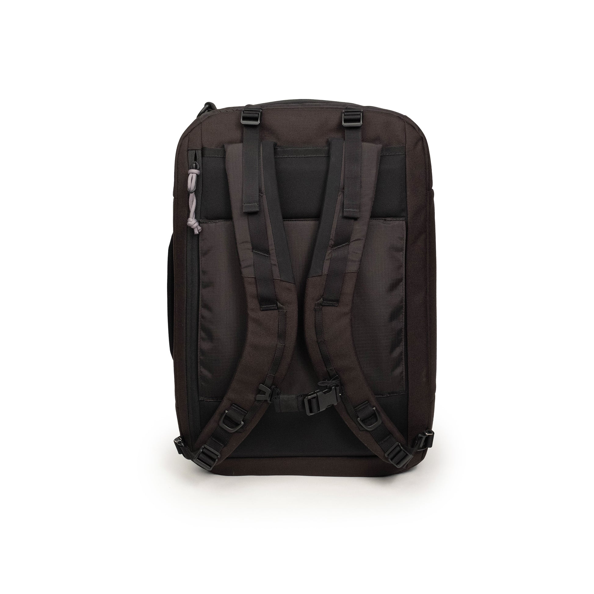 Back view of Global Travel Duffel in "Black" with shoulder straps shown.