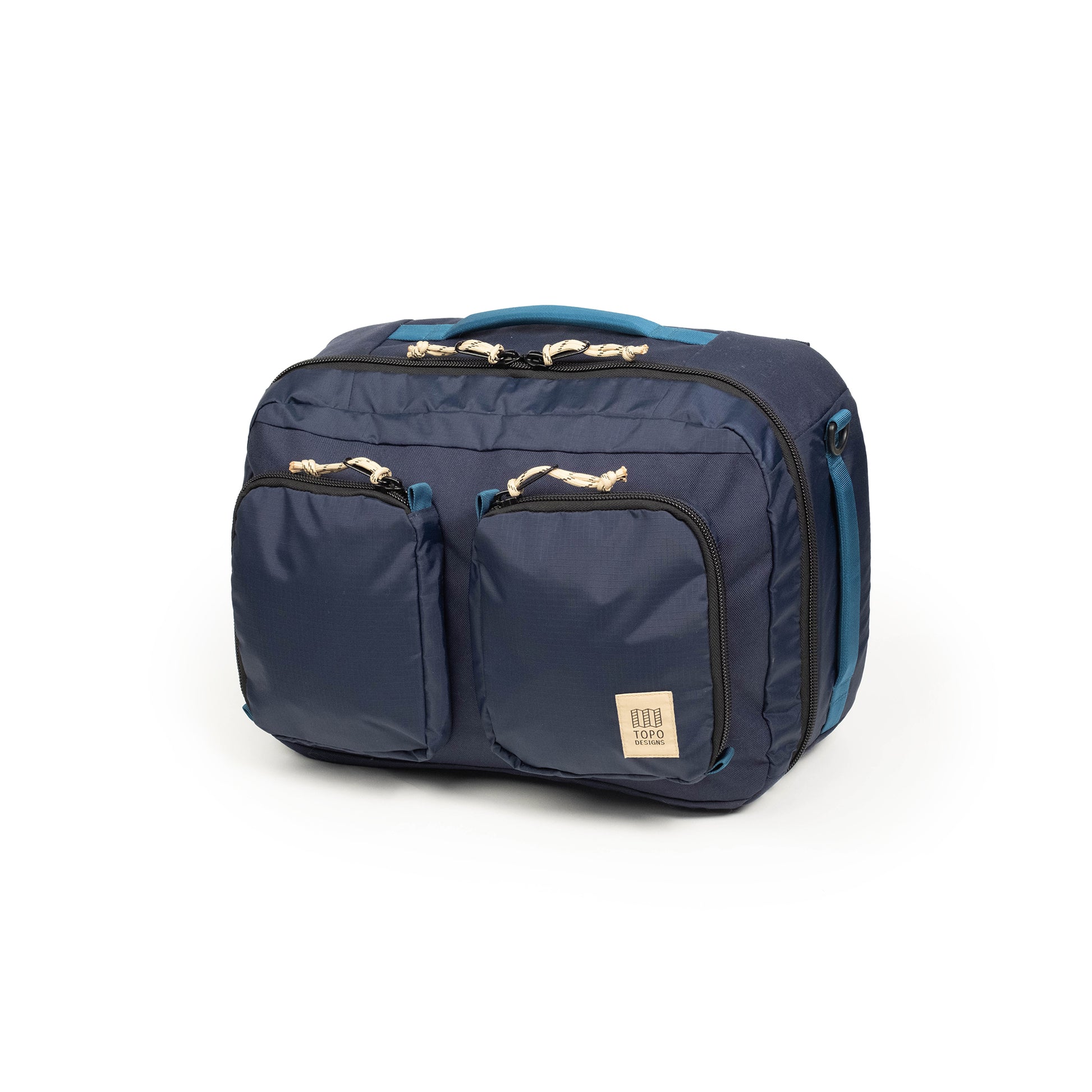 Three quarter view of Global Travel Duffel in "Navy / Sahara"