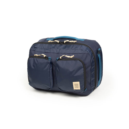 Three quarter view of Global Travel Duffel in "Navy / Sahara"