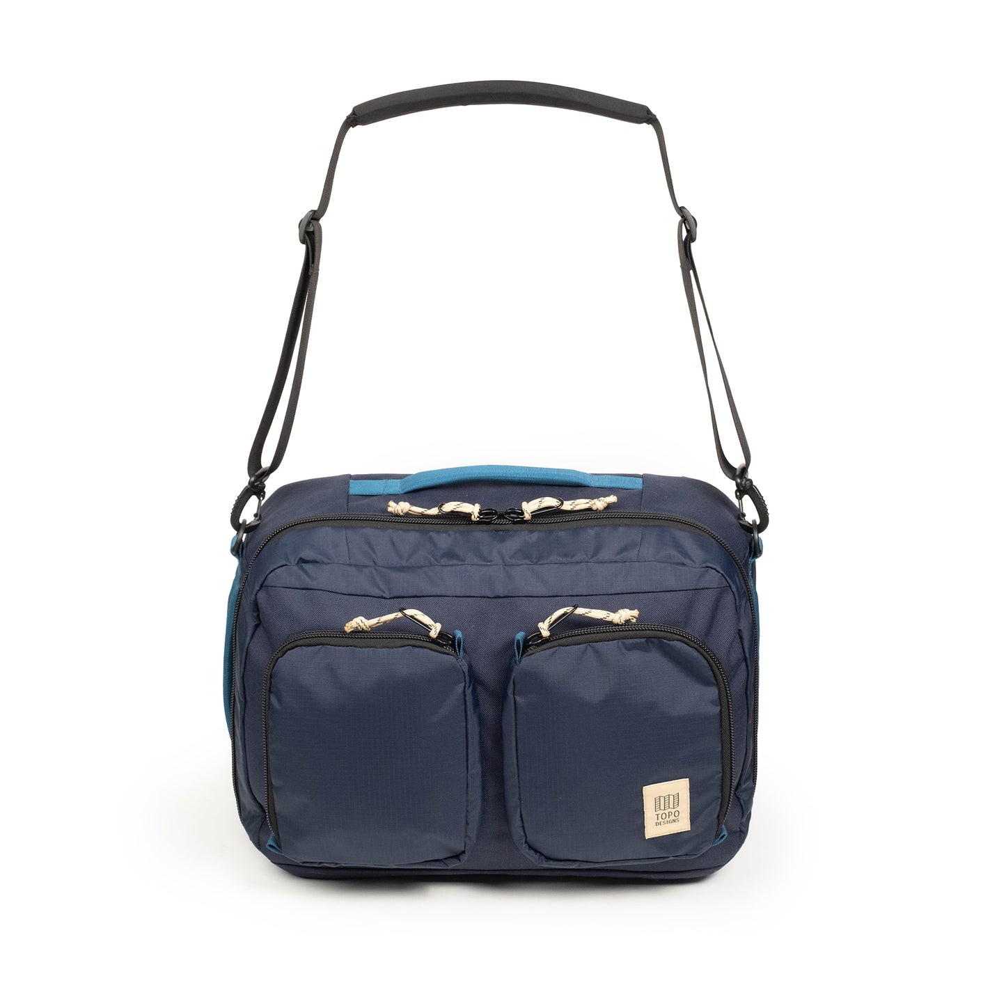 Front view of Global Travel Duffel in "Navy / Sahara" with shoulder strap.