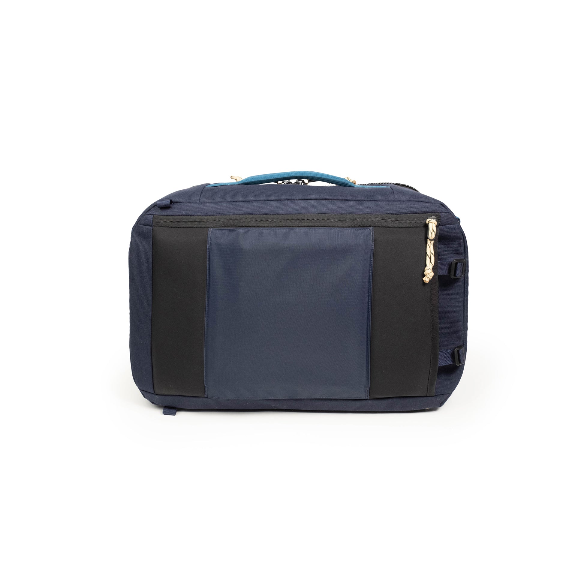 Back view of Global Travel Duffel in "Navy / Sahara" with roller handle passthrough.