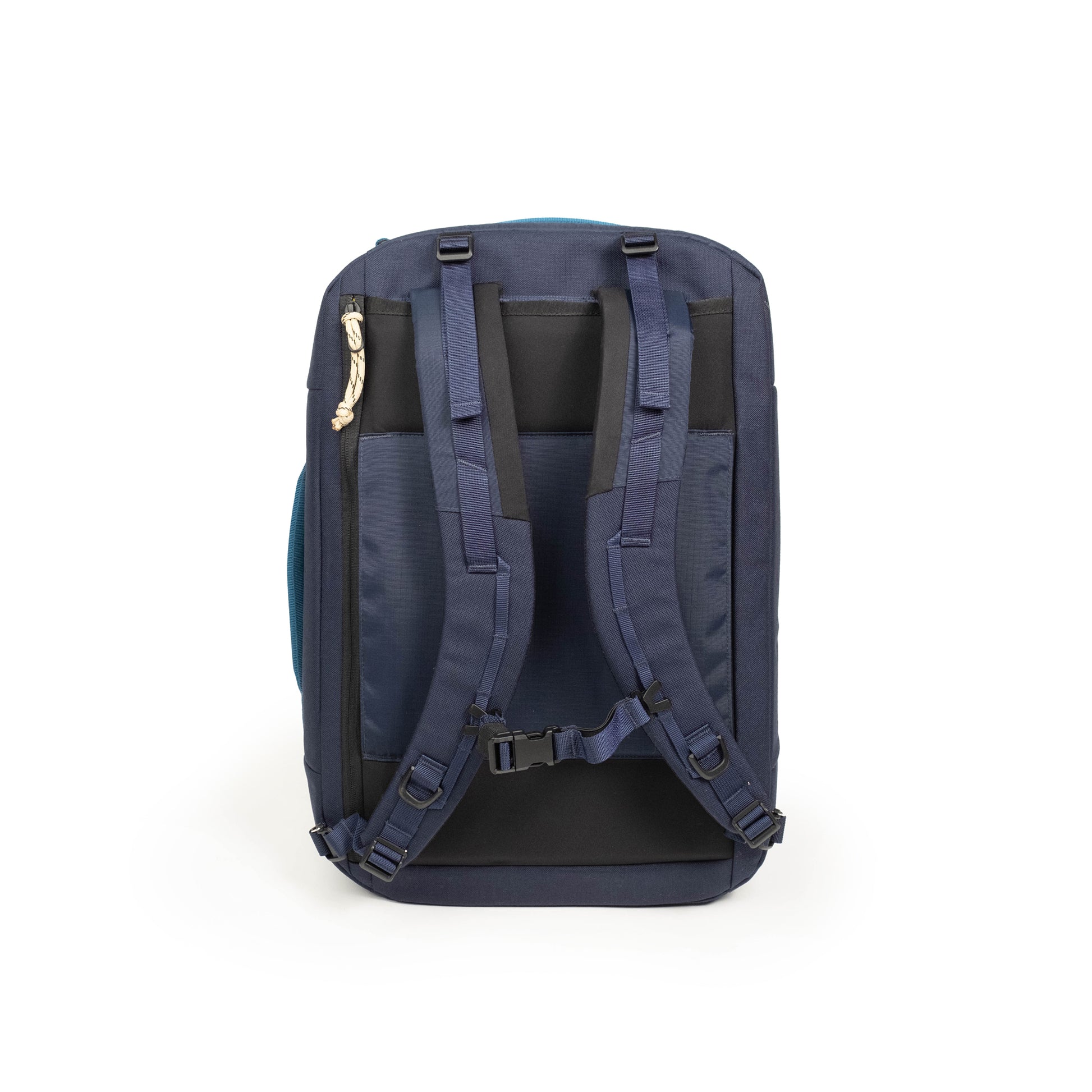 Back view of Global Travel Duffel in "Navy / Sahara" with shoulder straps shown.