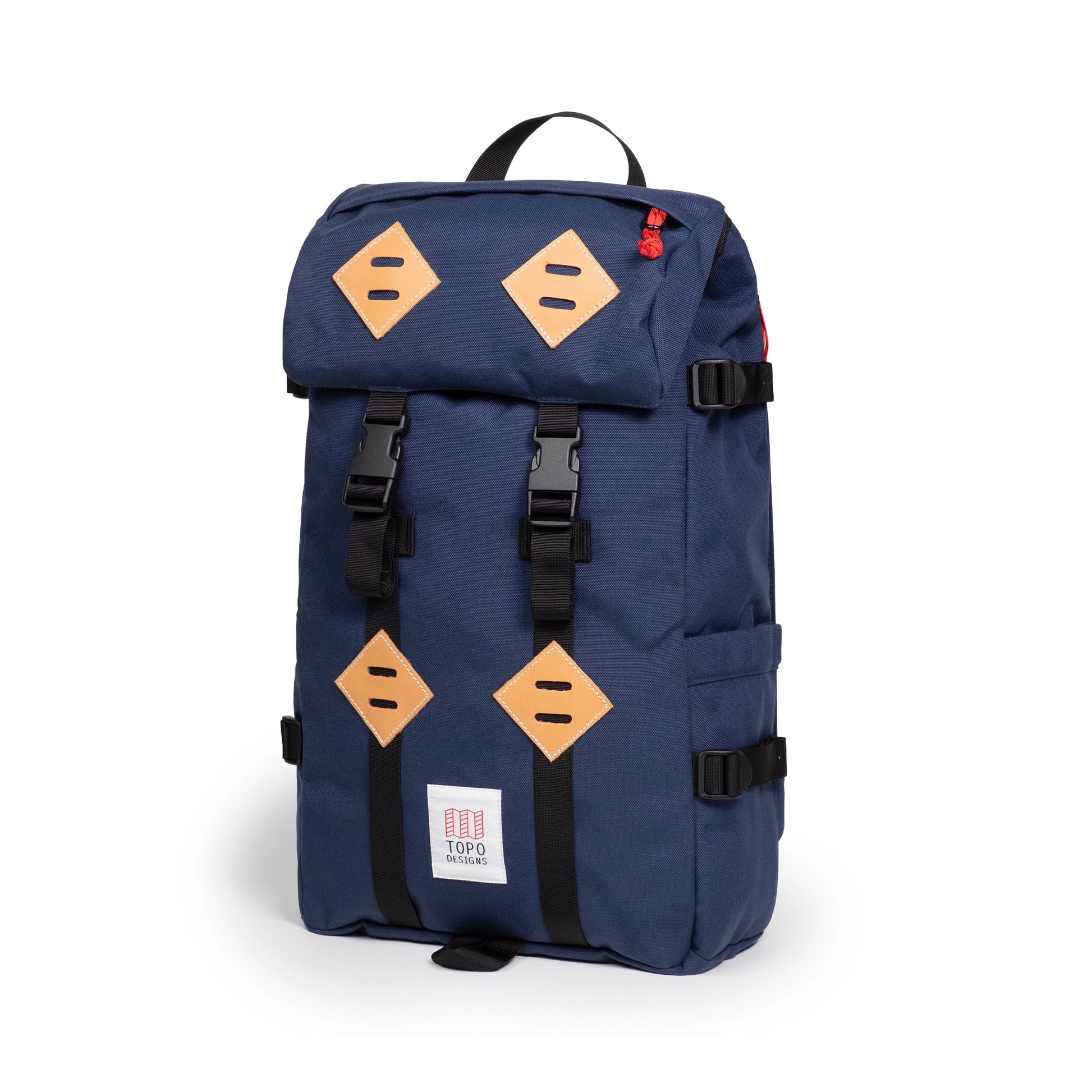 Quarter view of Topo Designs Klettersack Classic vintage-inspired rucksack backpack in "Midnight".