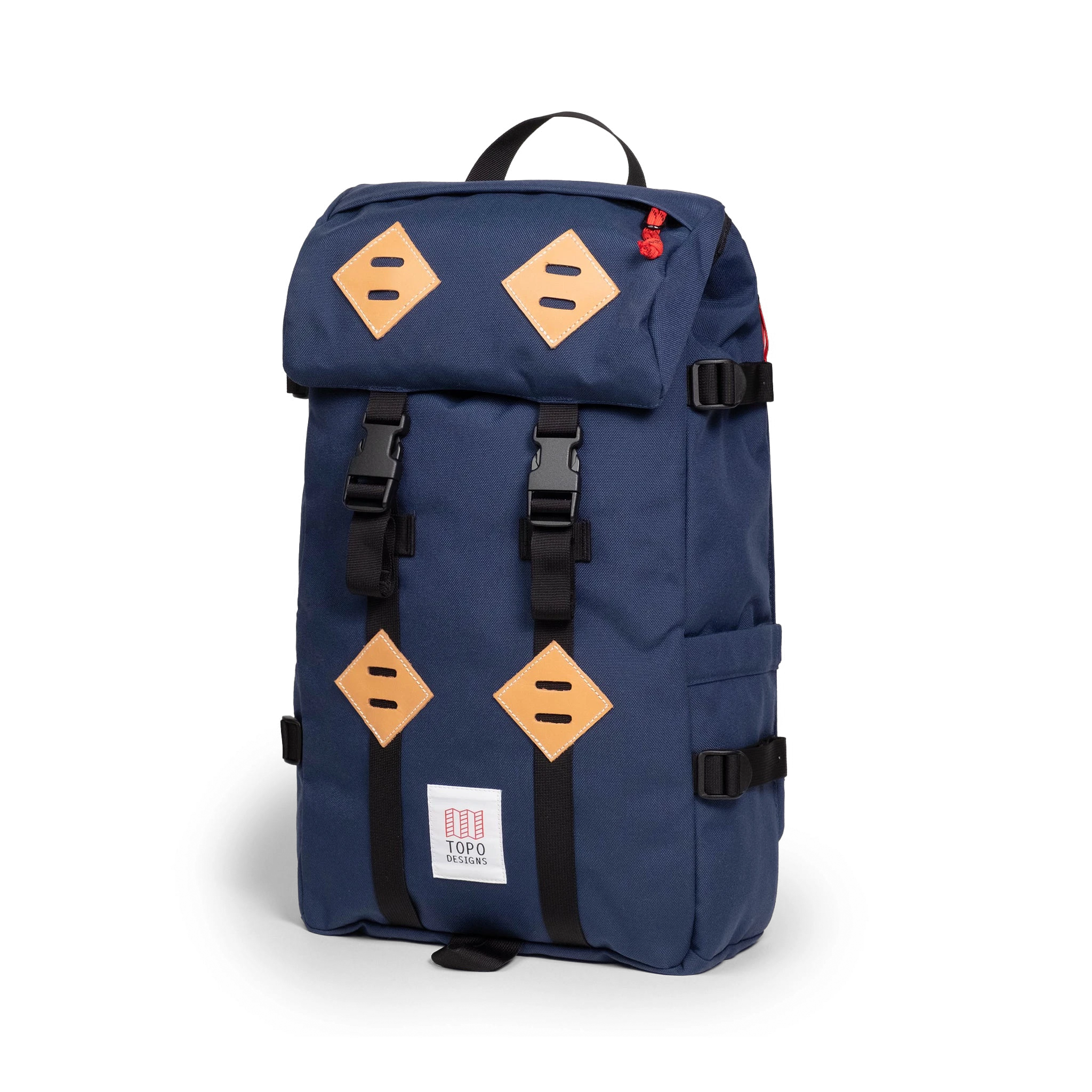 Quarter view of Topo Designs Klettersack Classic vintage-inspired rucksack backpack in "Midnight".