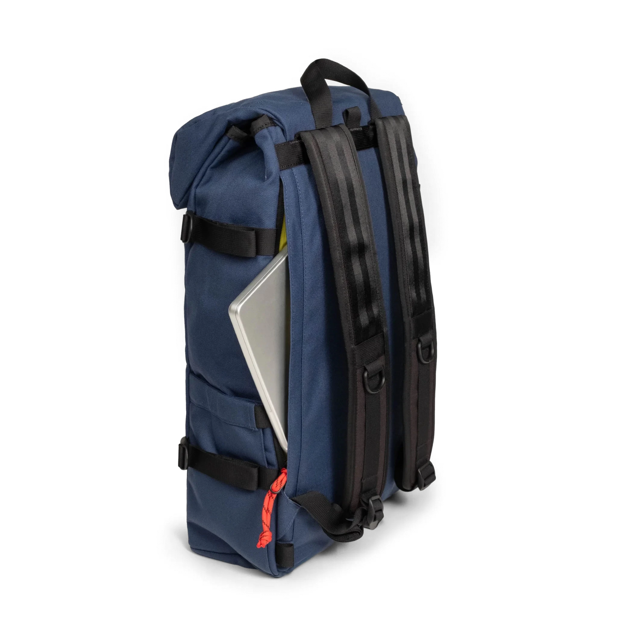 General quarter view of laptop sleeve on the Topo Designs Klettersack Classic vintage-inspired rucksack backpack in "Midnight".