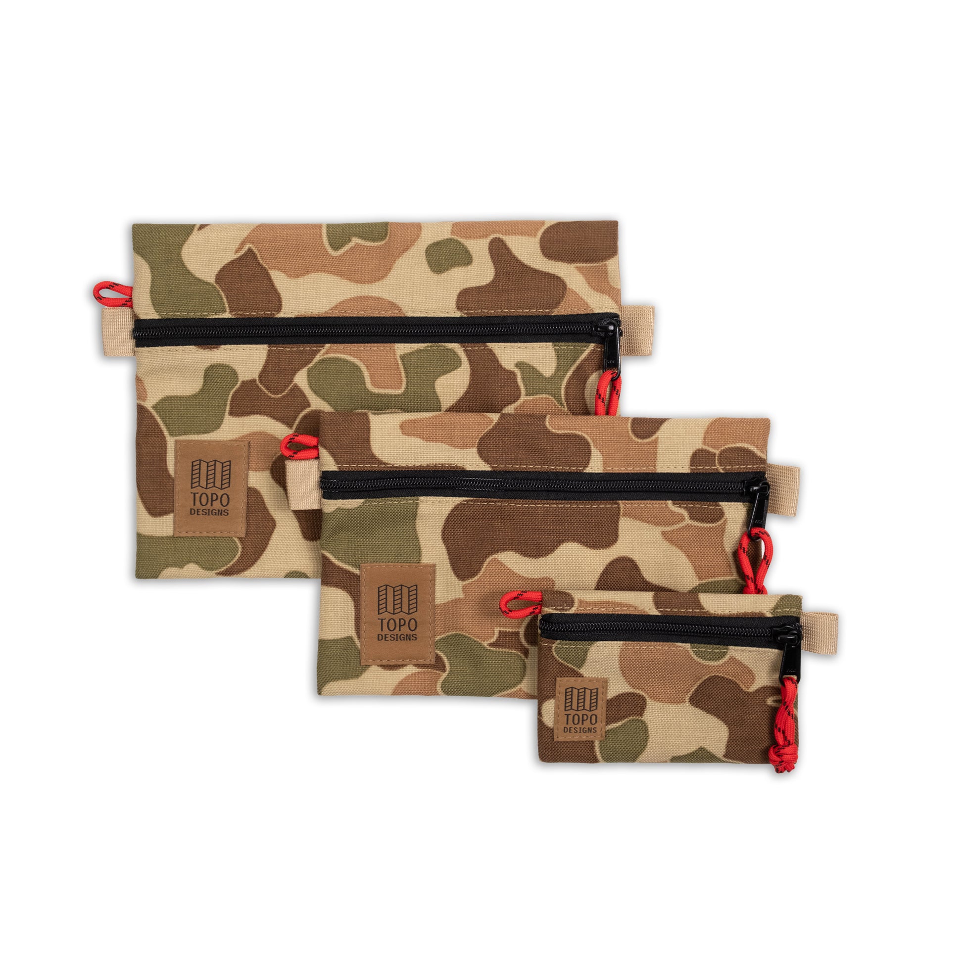 Topo Designs Accessory Bags - product shot of the "Medium", "Small", and "Micro" accessory bags in "Duck Camo"