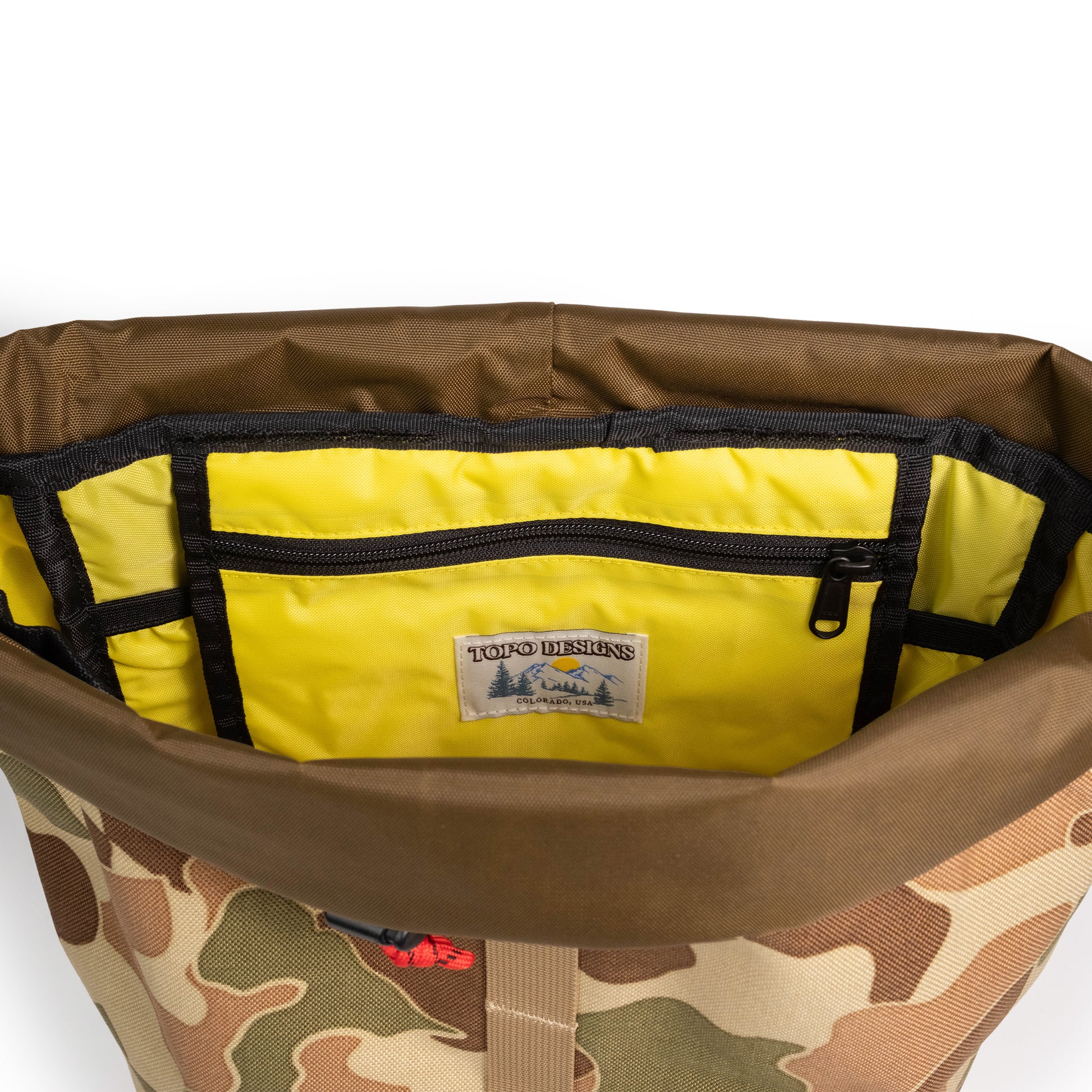 Inside Detail Shot of Topo Designs Cosmos Backpack in "Duck Camo"