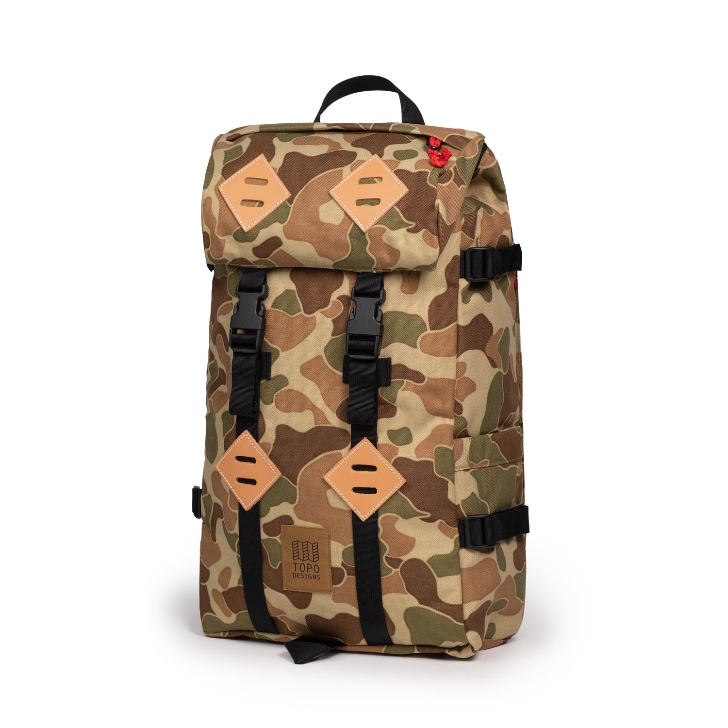 Quarter view of Topo Designs Klettersack Classic vintage-inspired rucksack backpack in "Duck Camo".