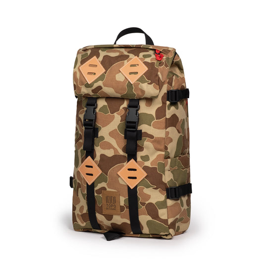 Quarter view of Topo Designs Klettersack Classic vintage-inspired rucksack backpack in "Duck Camo".