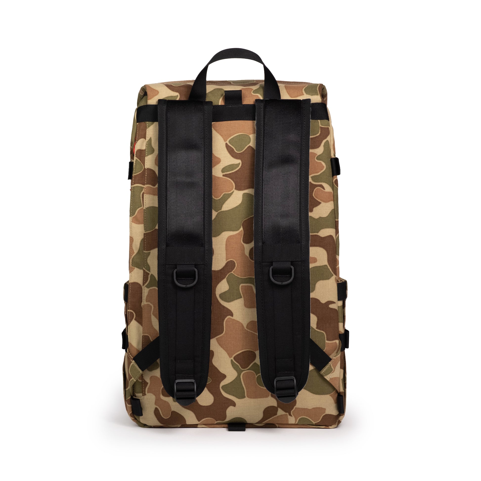 Back view of Topo Designs Klettersack Classic vintage-inspired rucksack backpack in "Duck Camo".