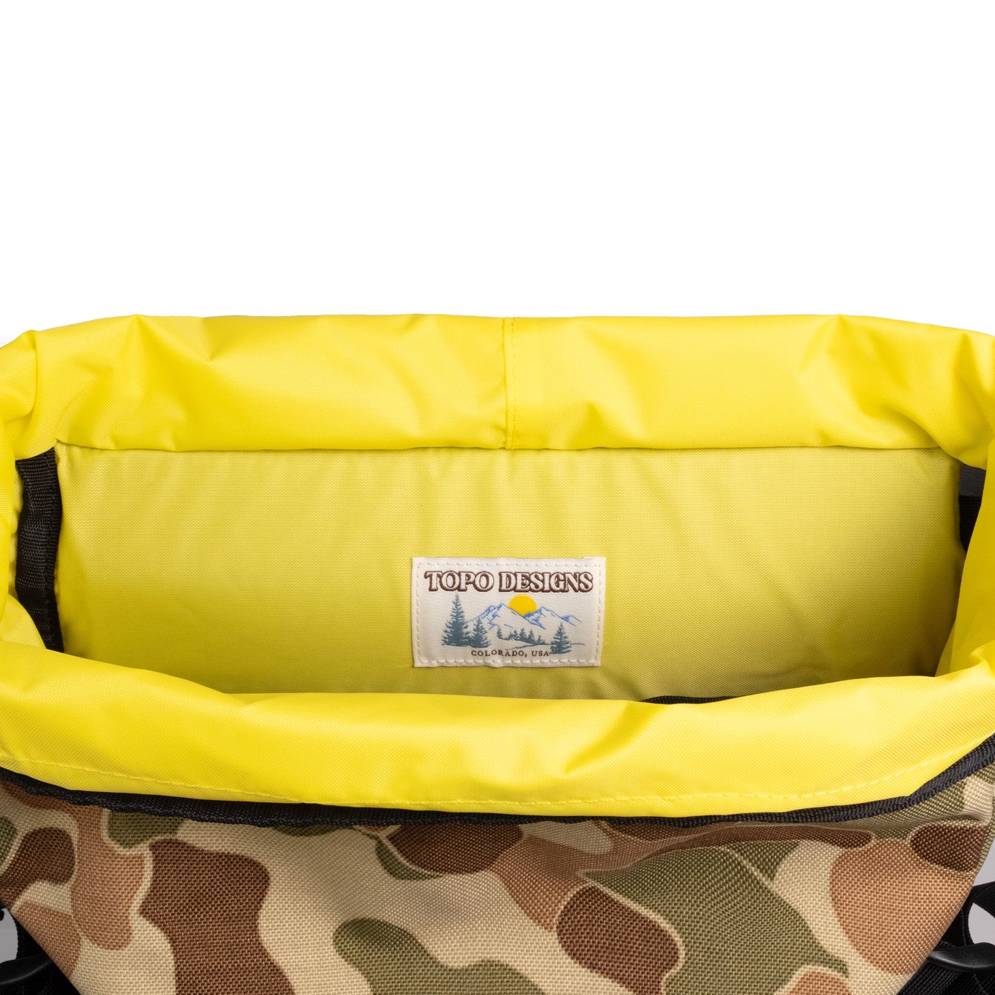 Inside detail shot of Topo Designs Klettersack Classic vintage-inspired rucksack backpack in "Duck Camo".