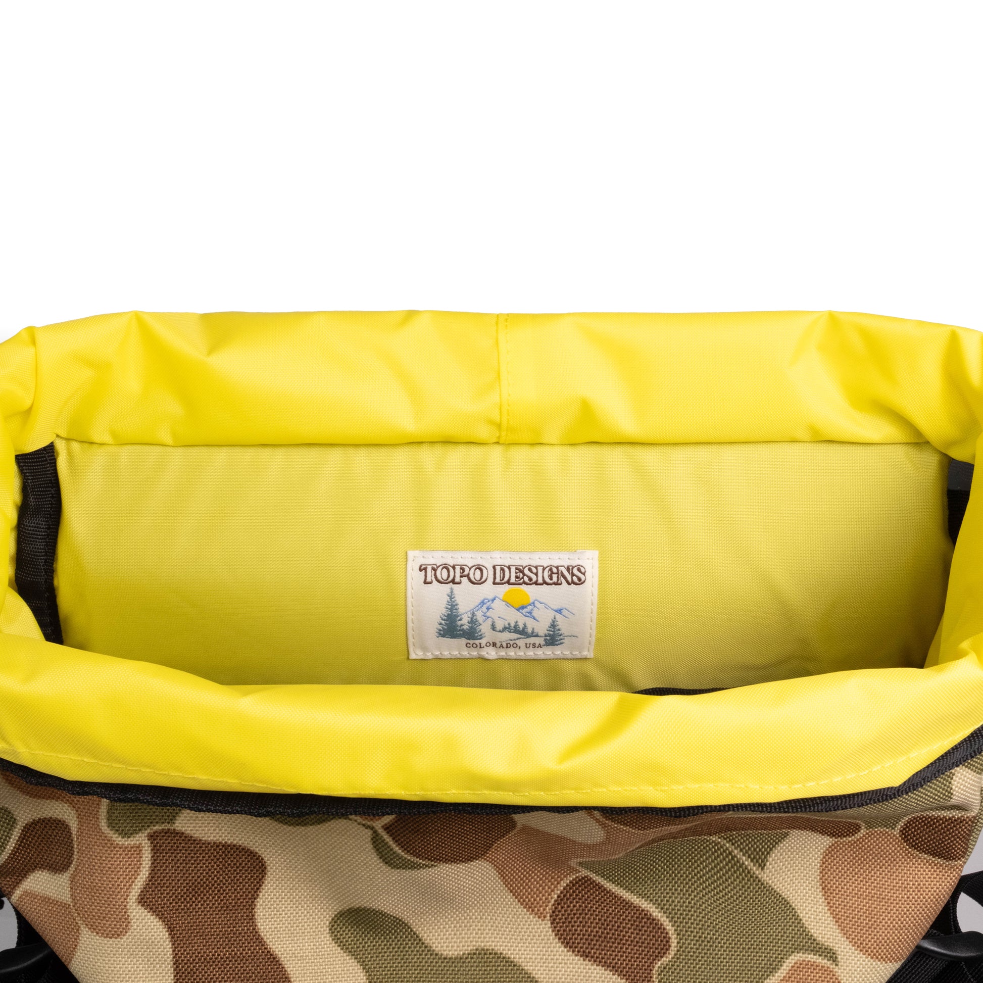 Inside detail shot of Topo Designs Klettersack Classic vintage-inspired rucksack backpack in "Duck Camo".