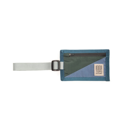 Front View of Topo Designs Luggage Tag in "Stone Blue / Forest"