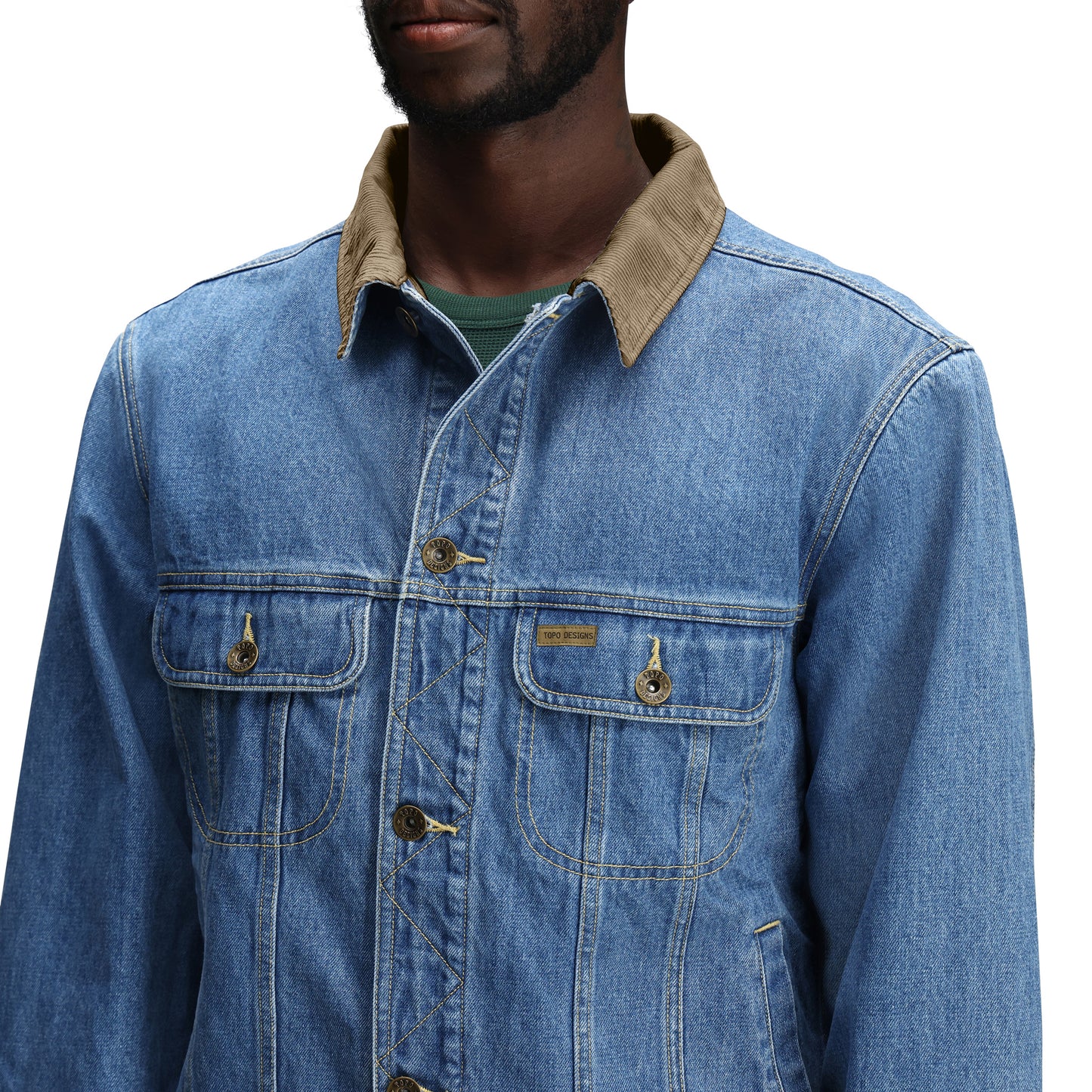 General Detail shot of Topo Designs Sightseer Jean Jacket - Men's in "Mid Denim"