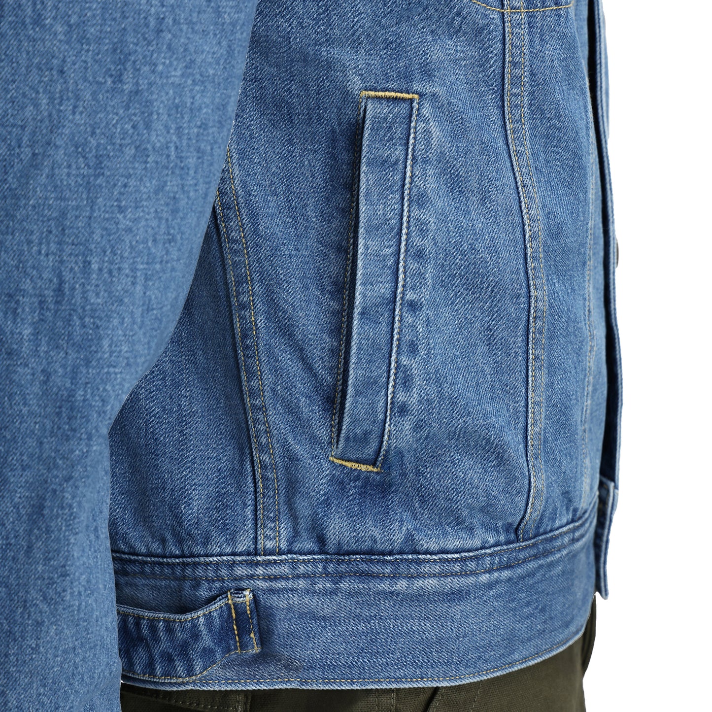 General Detail shot of Topo Designs Sightseer Jean Jacket - Men's in "Mid Denim"