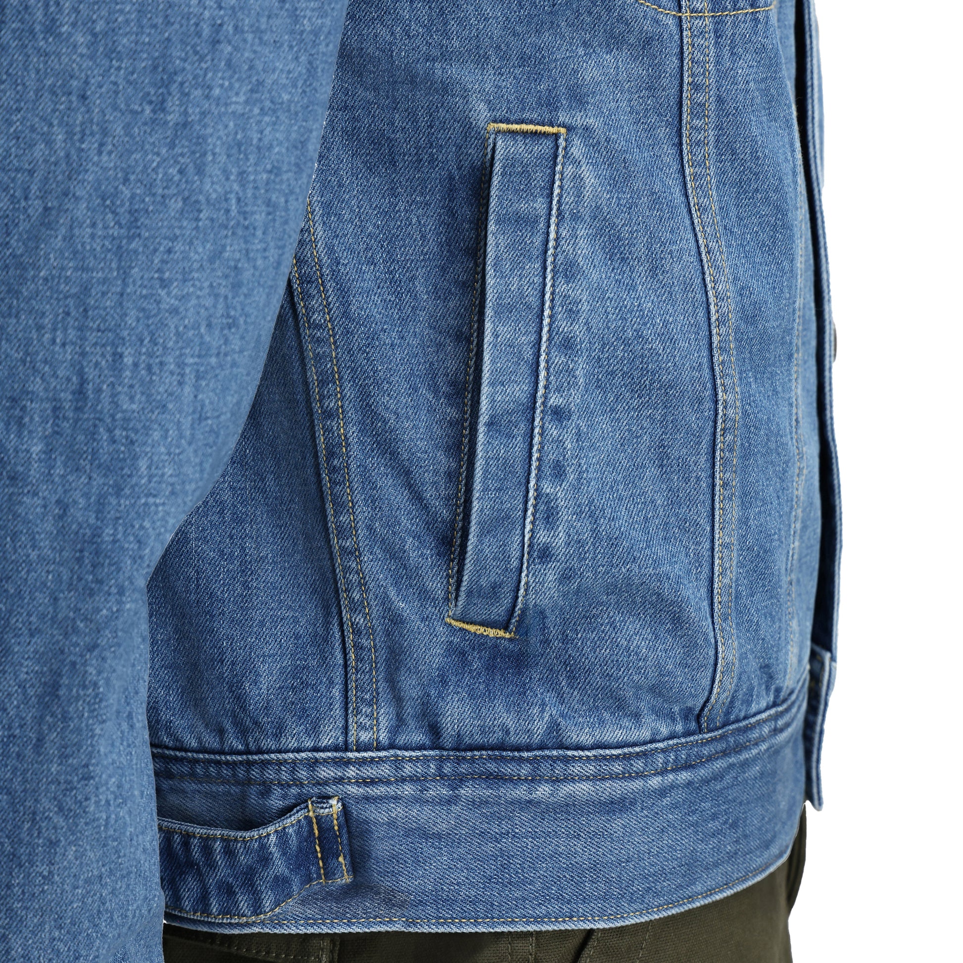 General Detail shot of Topo Designs Sightseer Jean Jacket - Men's in "Mid Denim"