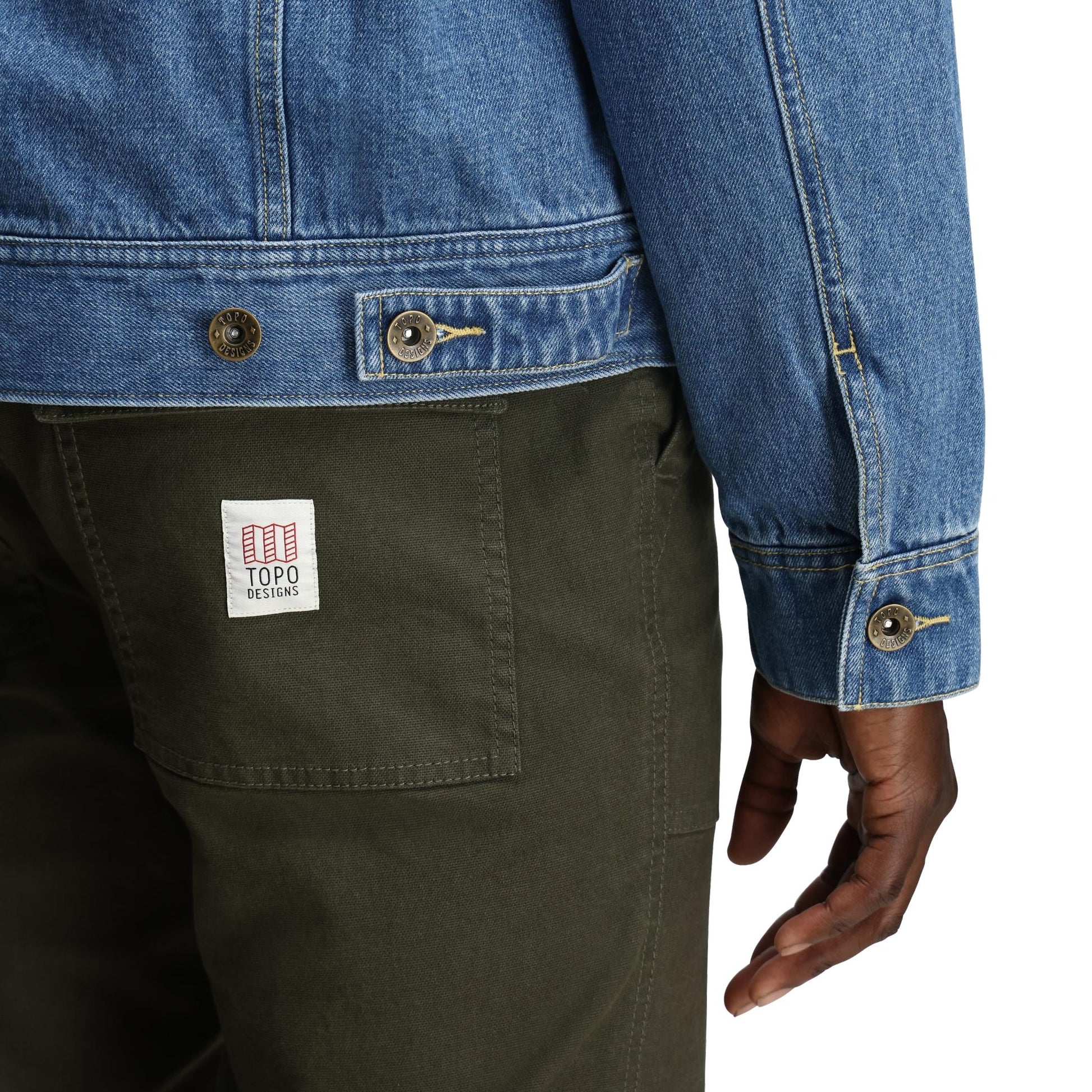 General Detail shot of Topo Designs Sightseer Jean Jacket - Men's in "Mid Denim"