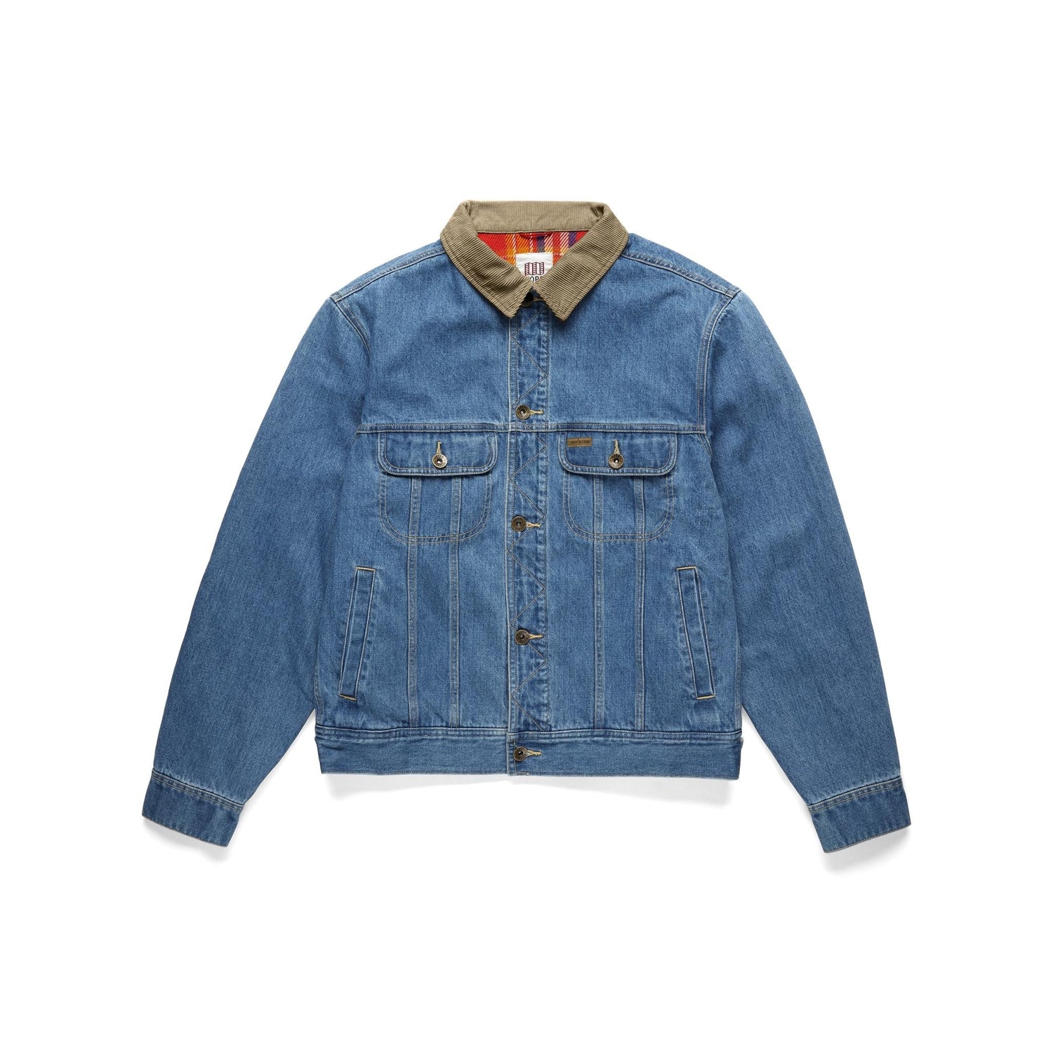 Front View of Topo Designs Sightseer Jean Jacket - Men's in "Mid Denim"