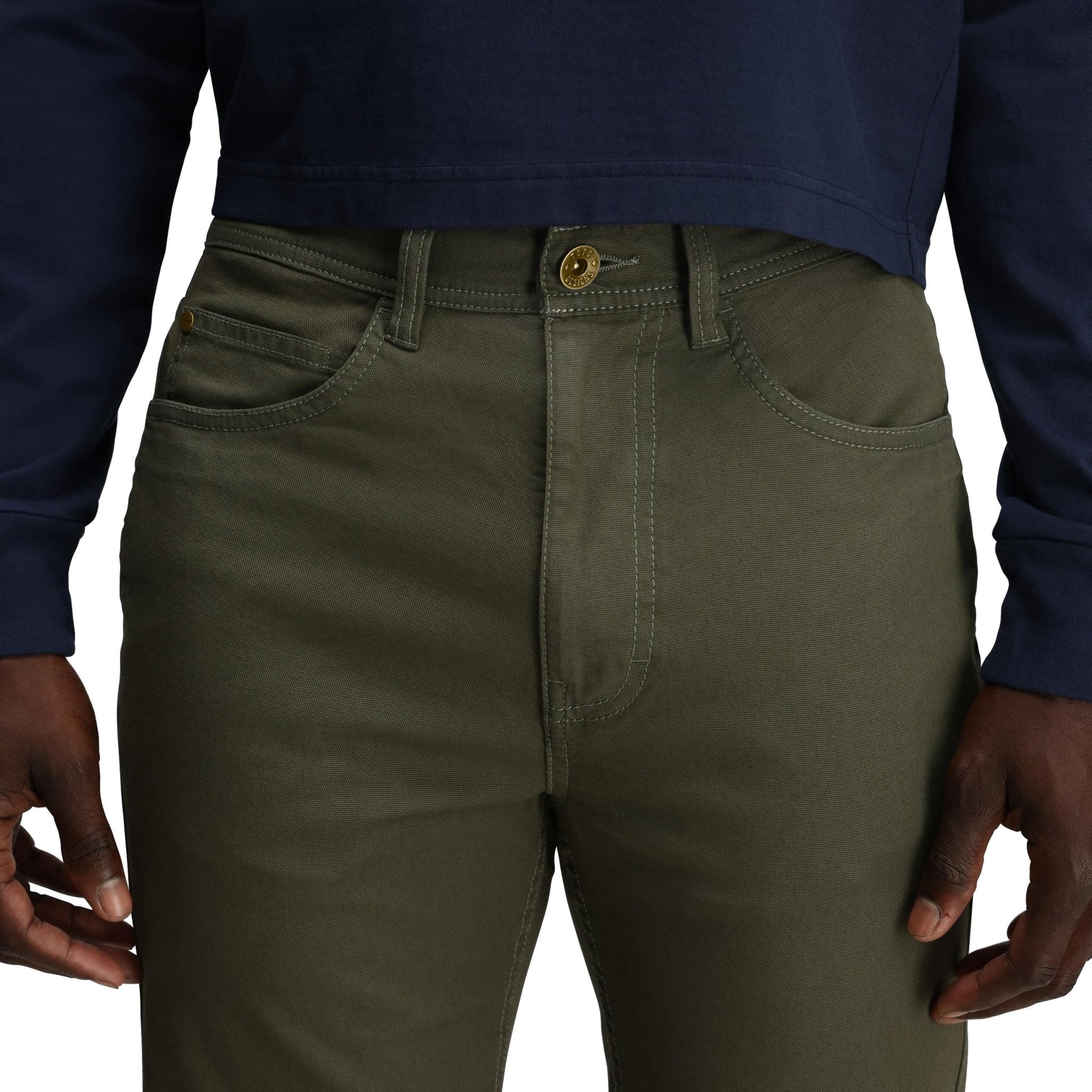 General detail shot of Topo Designs Dirt 5-Pocket Pants Classic - Men's in "Beetle"